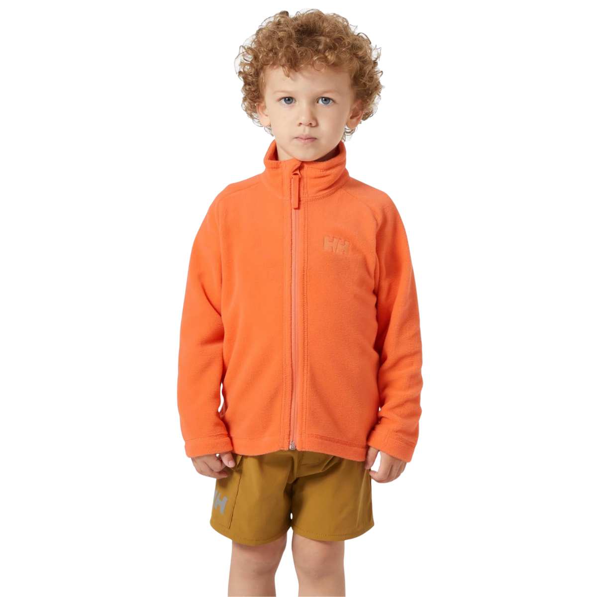 Front view of Helly Hansen Kids Daybreaker 2.0 Jacket in Bonfire color with Polartec 100g/m² microfleece and full-length YKK zipper