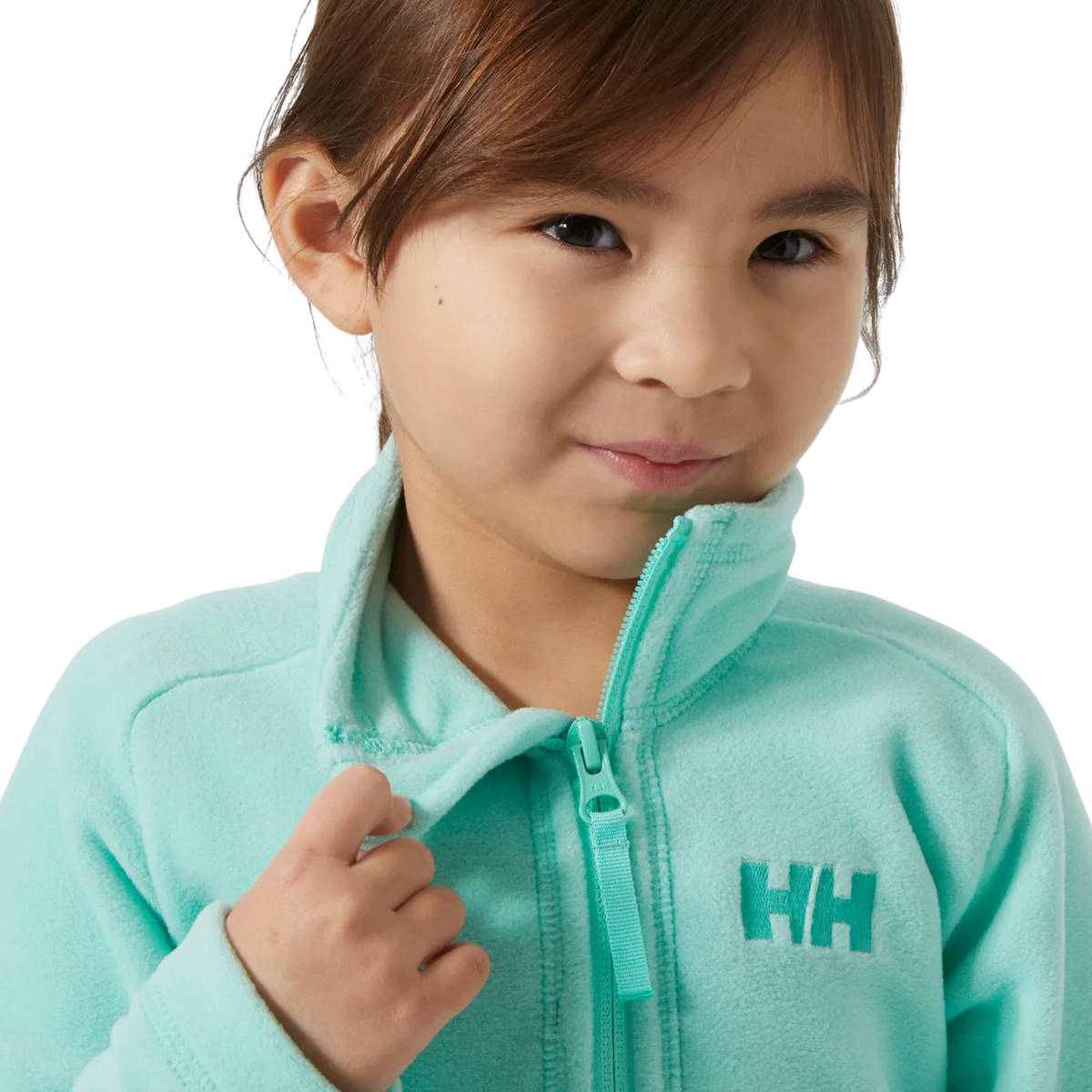 Helly Hansen Kids Daybreaker 2.0 Jacket collar detail in Lagoon color with lightweight Polartec microfleece for soft comfortable warmth