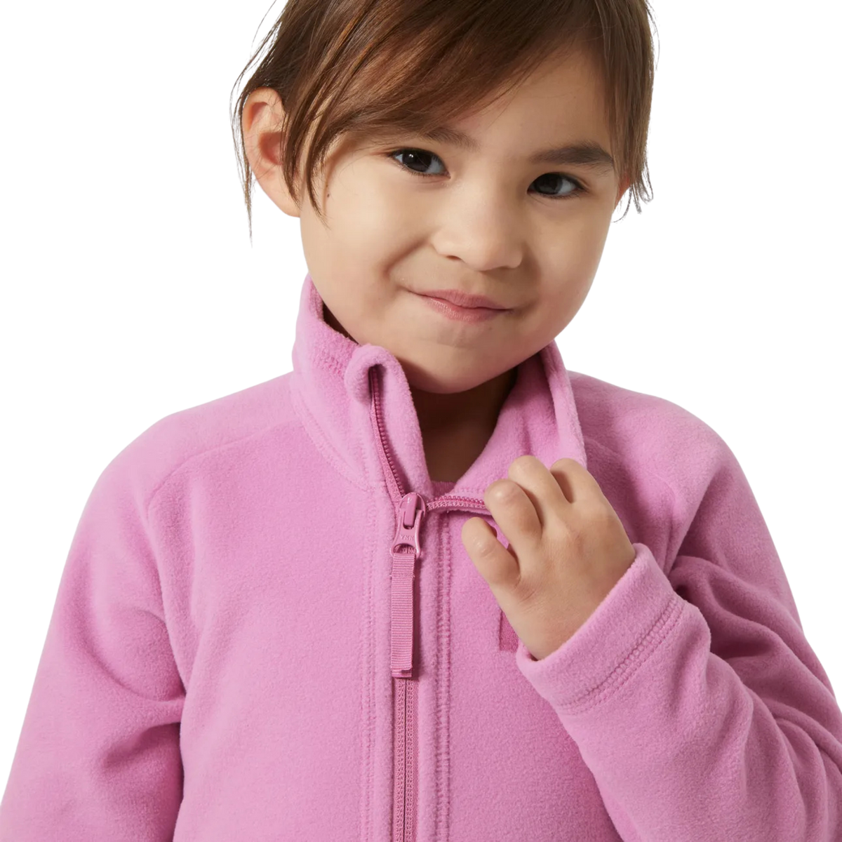 Helly Hansen Kids Daybreaker 2.0 Jacket collar detail in Meta Pink with lightweight Polartec microfleece for soft comfortable warmth