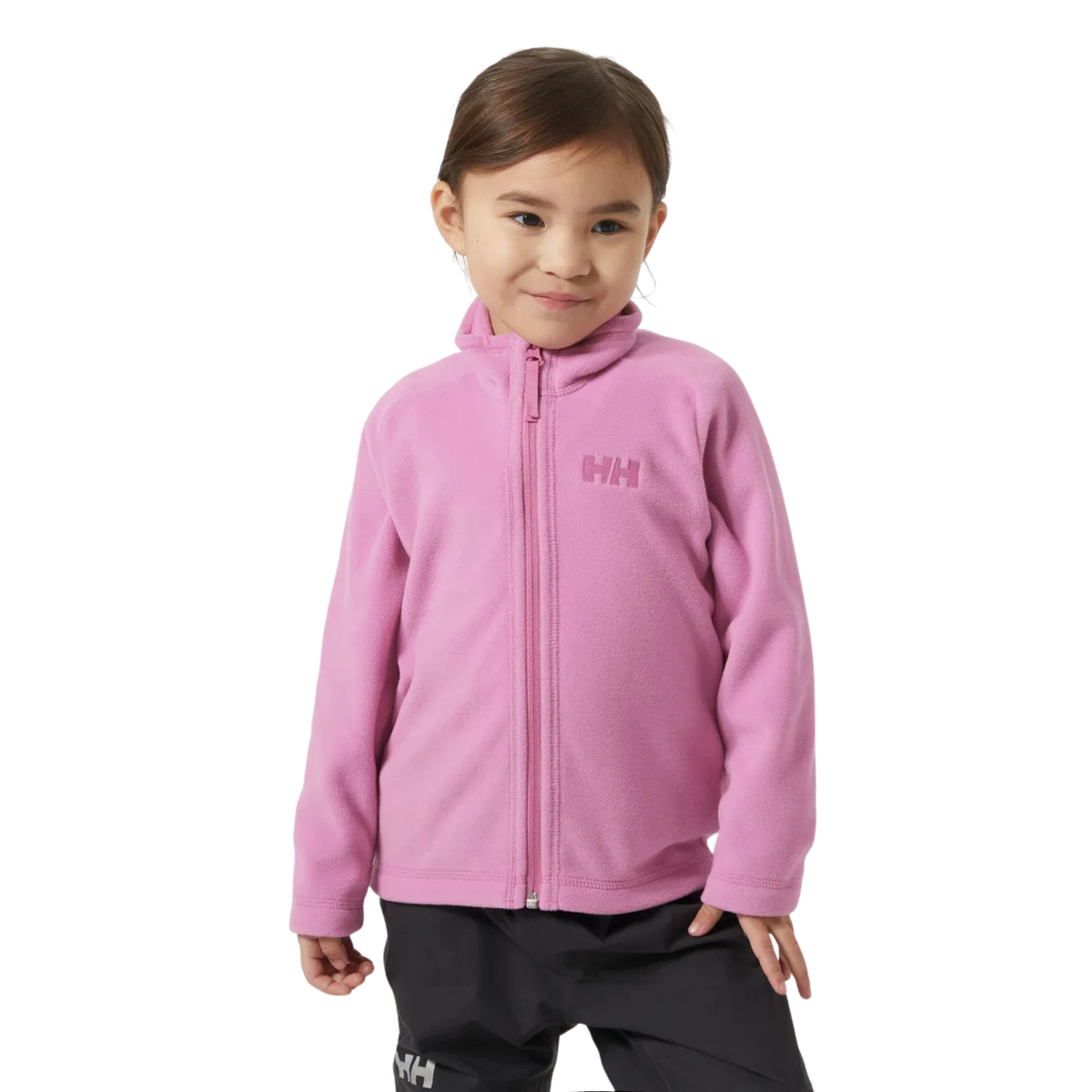 Front view of Helly Hansen Kids Daybreaker 2.0 Jacket in Meta Pink with Polartec 100g/m² microfleece and full-length YKK zipper
