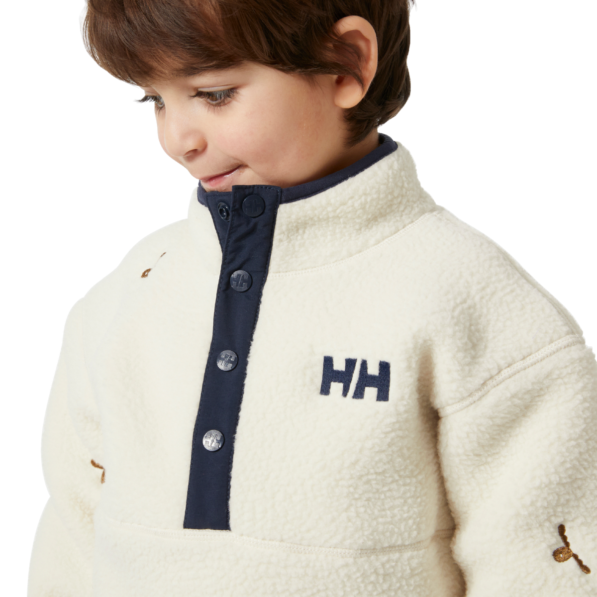 Helly Hansen Kids Frosty Fleece Sweater buttoned front placket detail for easy layering and adjustable ventilation