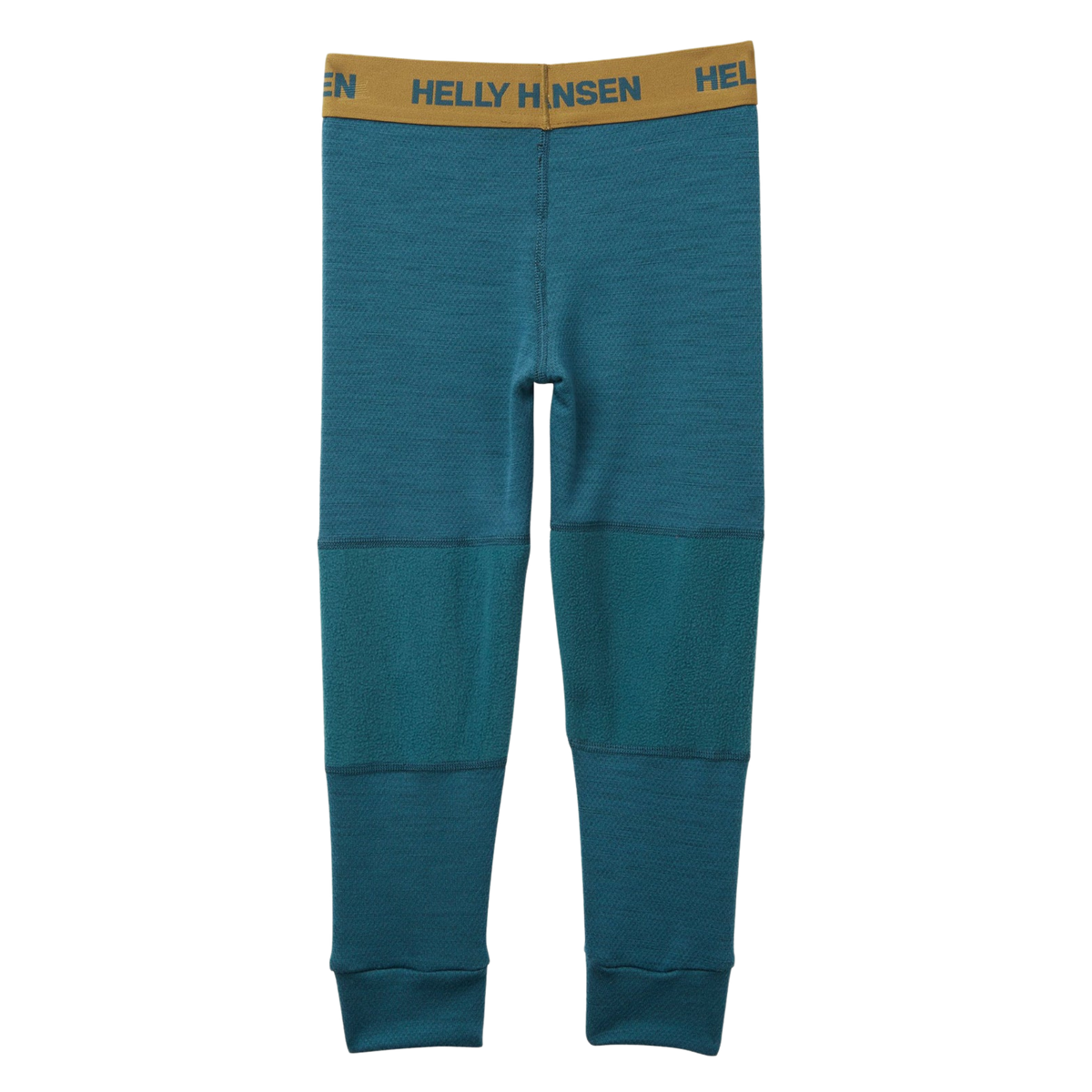 Front view of Helly Hansen Kids Lifa Merino base layer bottoms in Dark Creek color with elastic waist and warm moisture-managing construction