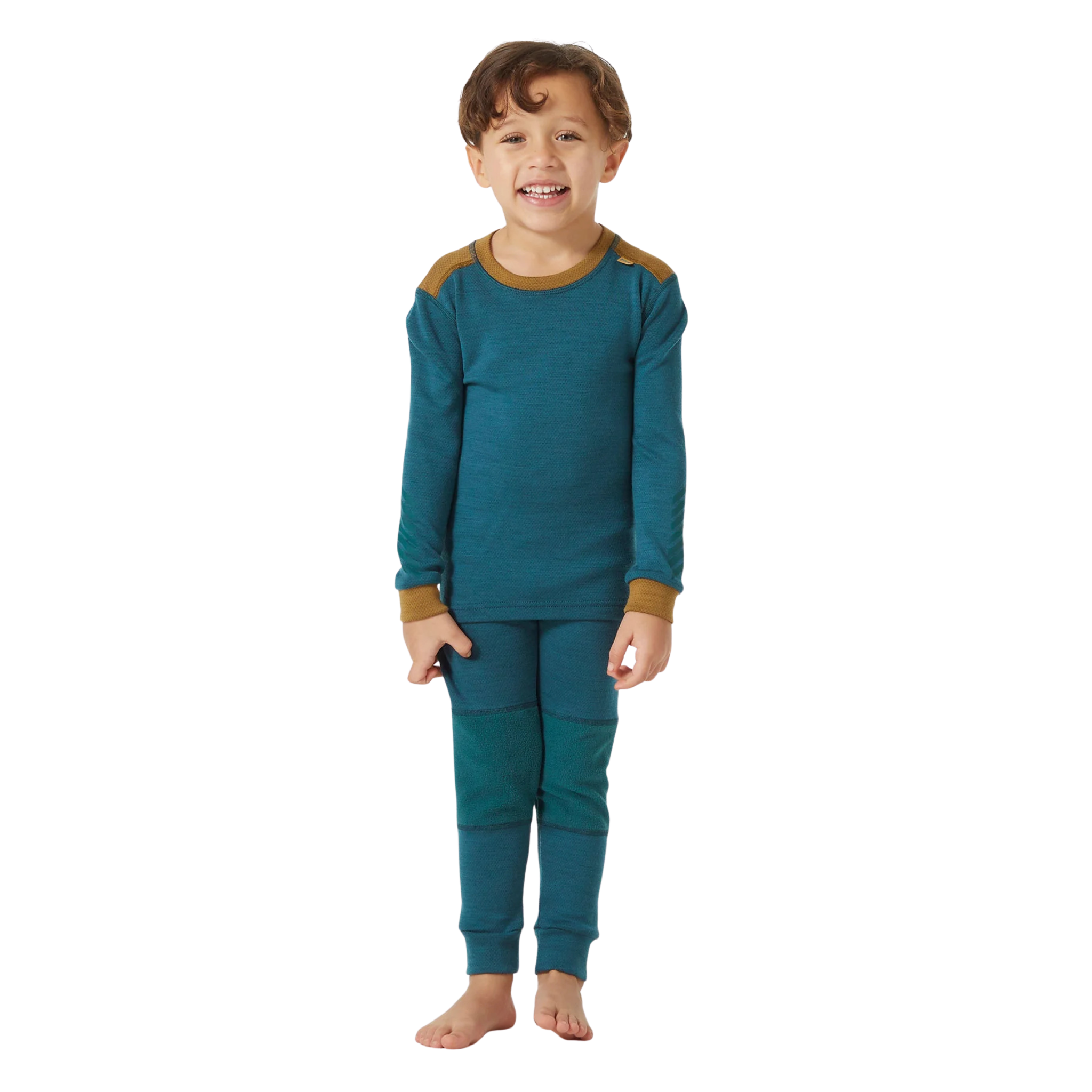 Front view of Helly Hansen Kids Lifa Merino thermal top and bottom set in Dark Creek color with ZQ wool, LIFA technology and solution-dyed main fabric