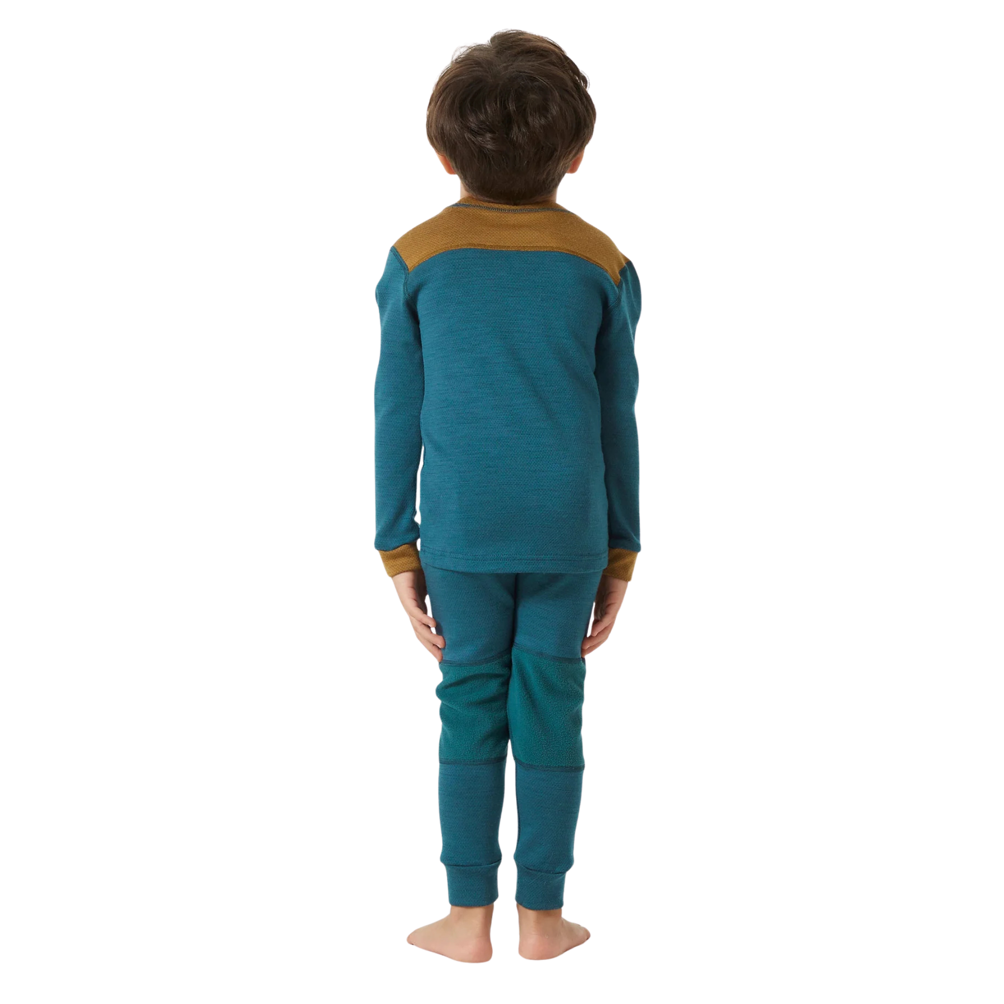 Rear View of Helly Hansen Kids Lifa Merino thermal top and bottom set in Dark Creek color with ZQ wool, LIFA technology and solution-dyed main fabric