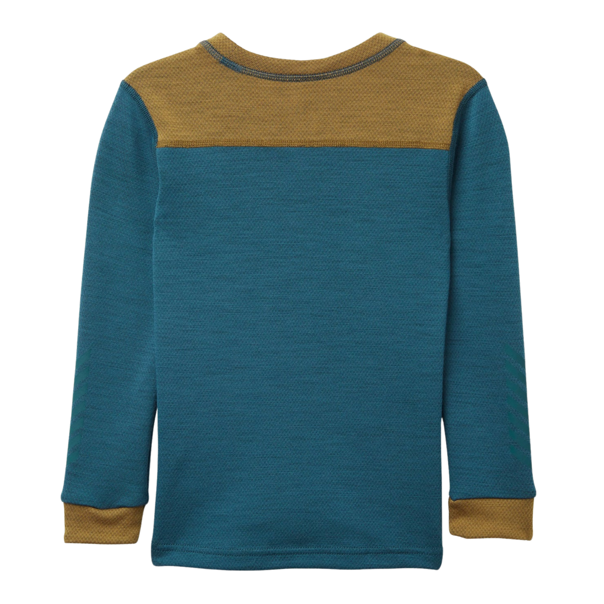 Rear view of Helly Hansen Kids Lifa Merino base layer top in Dark Creek color with tail-drop design for added coverage under winter outerwear
