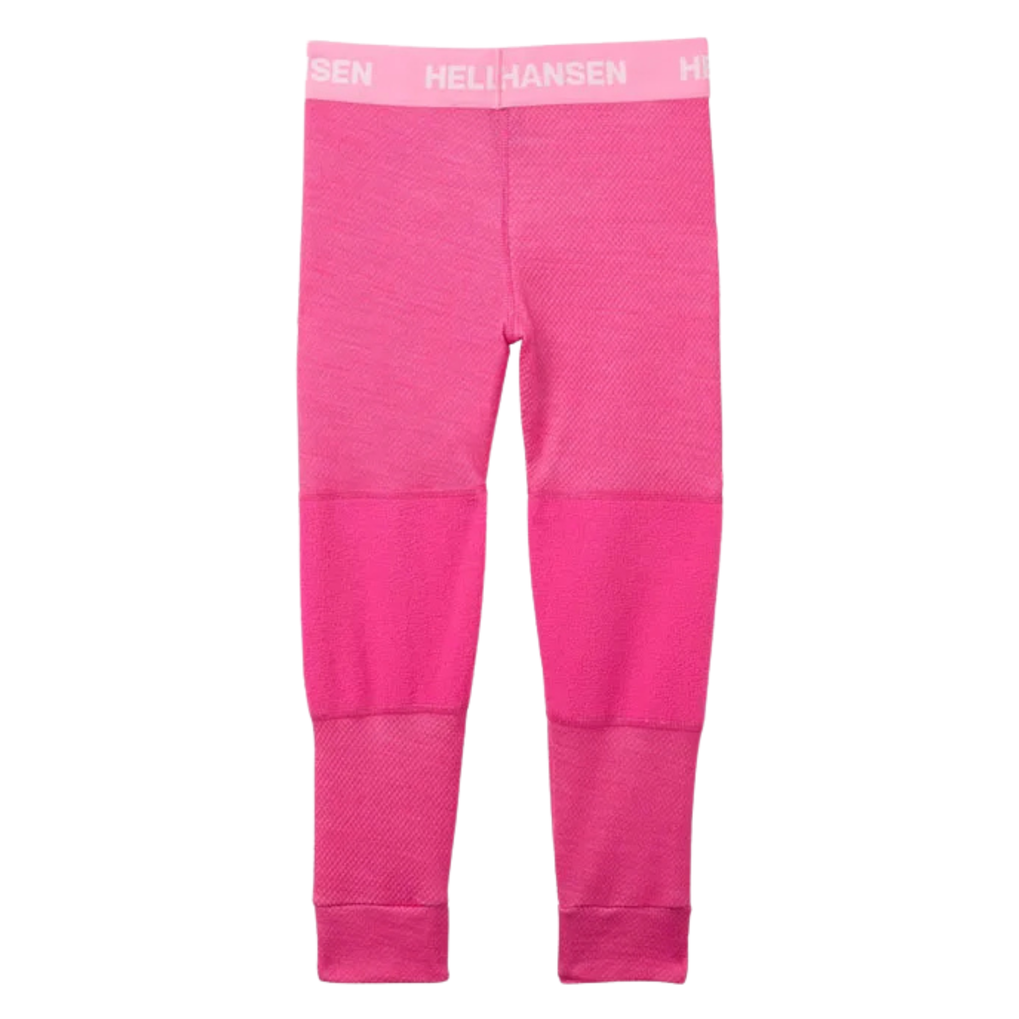Front view of Helly Hansen Kids Lifa Merino base layer bottoms in Dragon Fruit color with elastic waist and warm moisture-managing construction