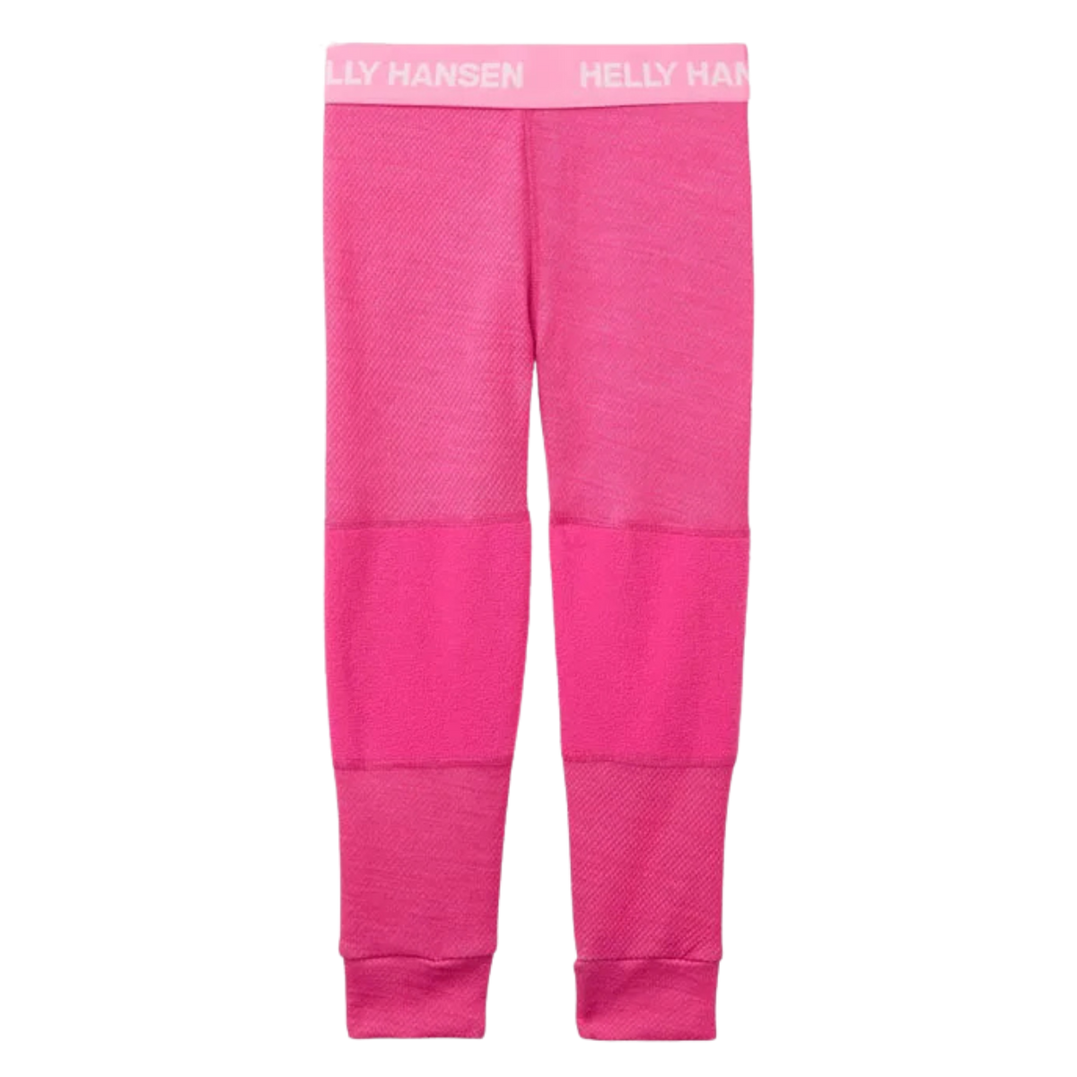 Rear view of Helly Hansen Kids Lifa Merino base layer bottoms in Dragon Fruit color with elastic waist and warm moisture-managing construction