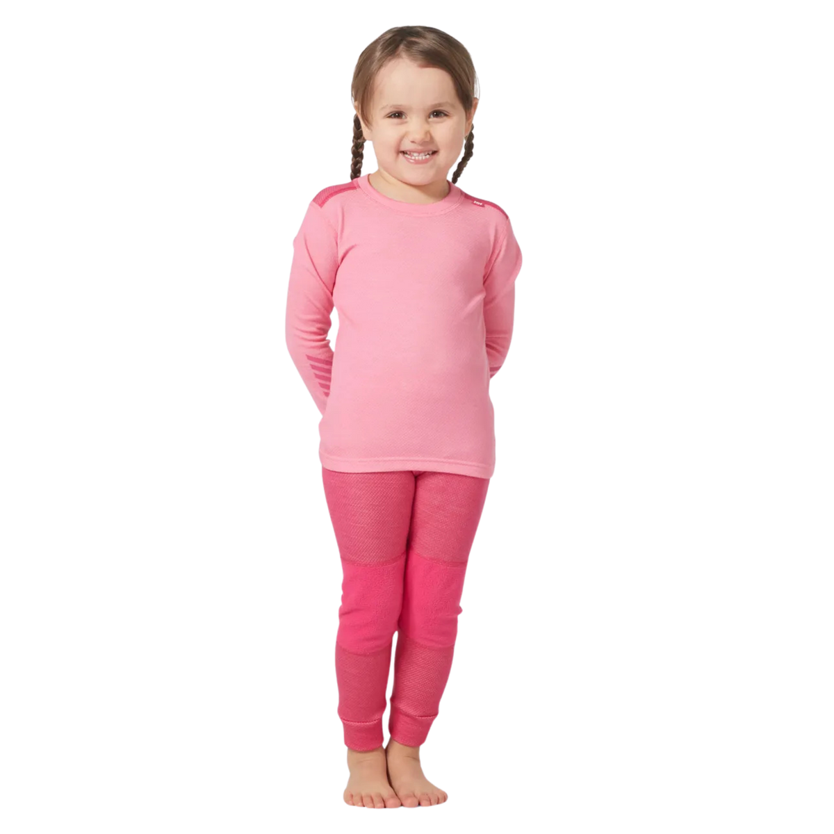 Front view of Helly Hansen Kids Lifa Merino thermal top and bottom set in Dragon Fruit color with ZQ wool, LIFA technology and solution-dyed main fabric