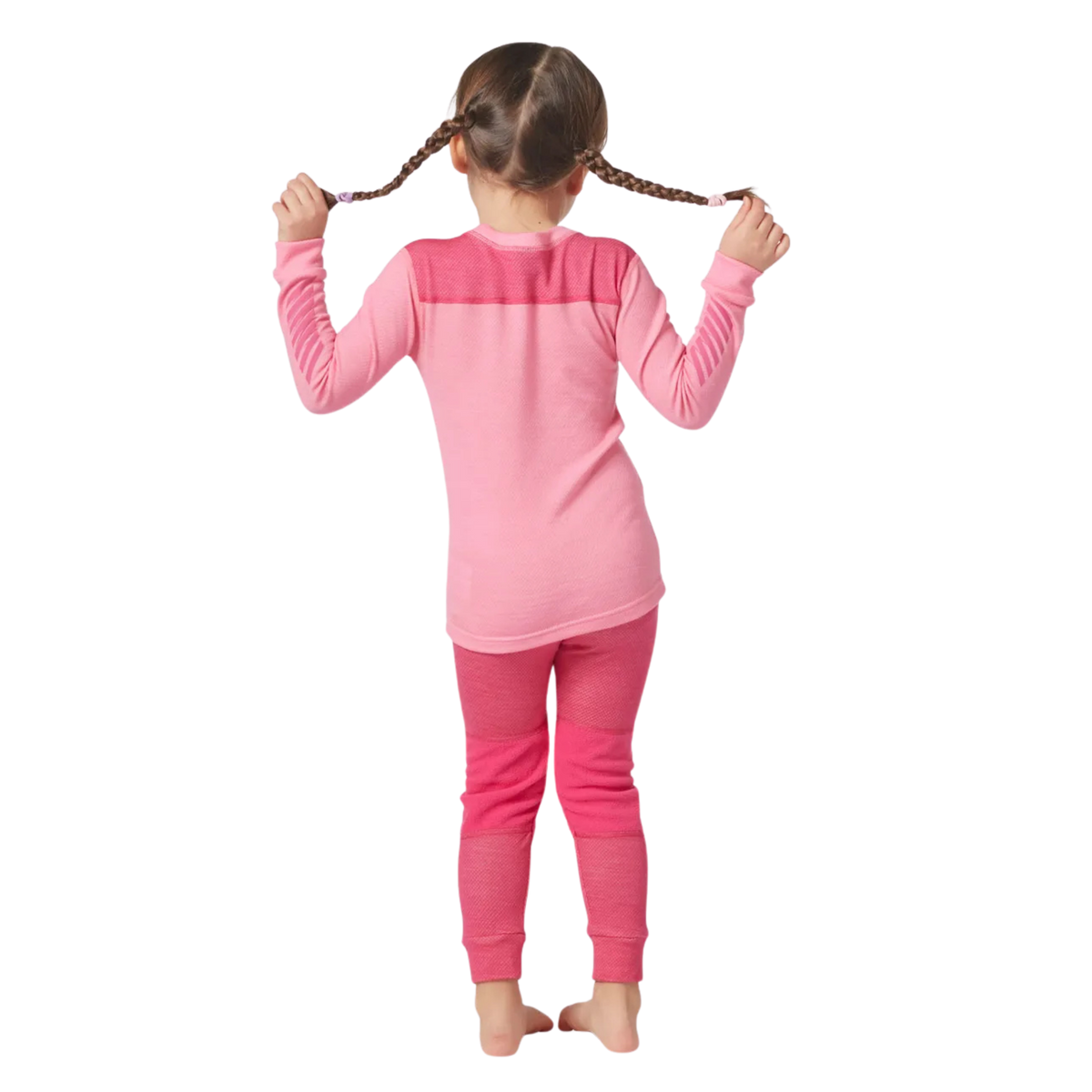 Rear view of Helly Hansen Kids Lifa Merino thermal top and bottom set in Dragon Fruit color with ZQ wool, LIFA technology and solution-dyed main fabric