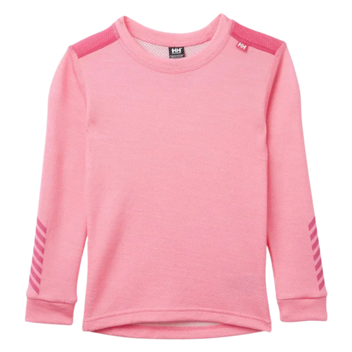 Front view of Helly Hansen Kids Lifa Merino base layer top in Dragon Fruit color with crew neck, flatlock seams and warm Merino wool blend construction