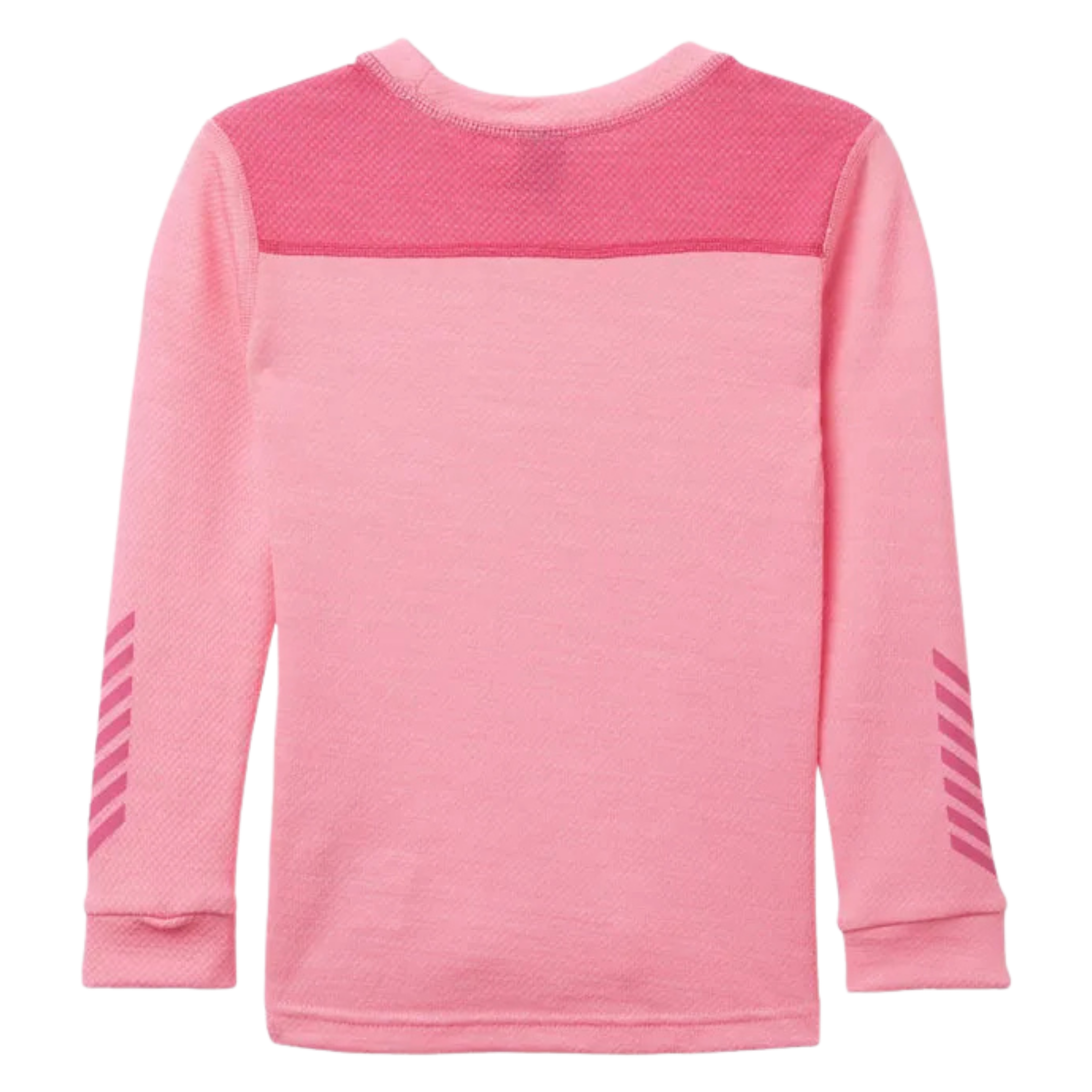 Rear view of Helly Hansen Kids Lifa Merino base layer top in Dragon Fruit color with tail-drop design for added coverage under winter outerwear