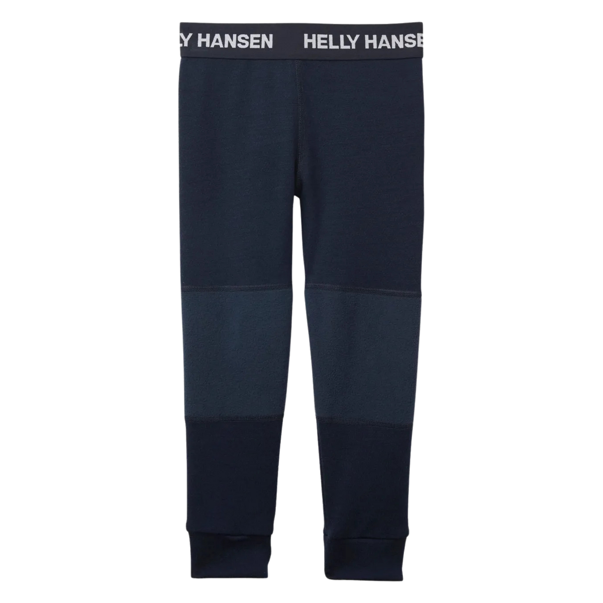 Front view of Helly Hansen Kids Lifa Merino base layer bottoms in Emerald color with elastic waist and warm moisture-managing construction