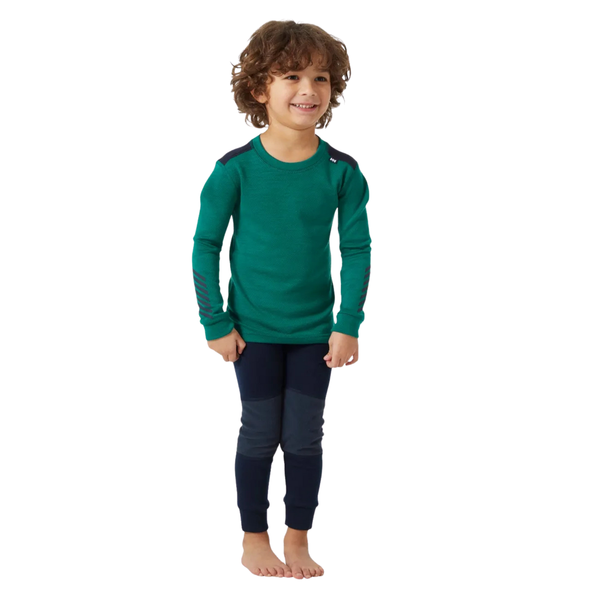 Helly Hansen Kids Lifa Merino thermal top and bottom set in Emerald color with ZQ wool, LIFA technology and solution-dyed main fabric