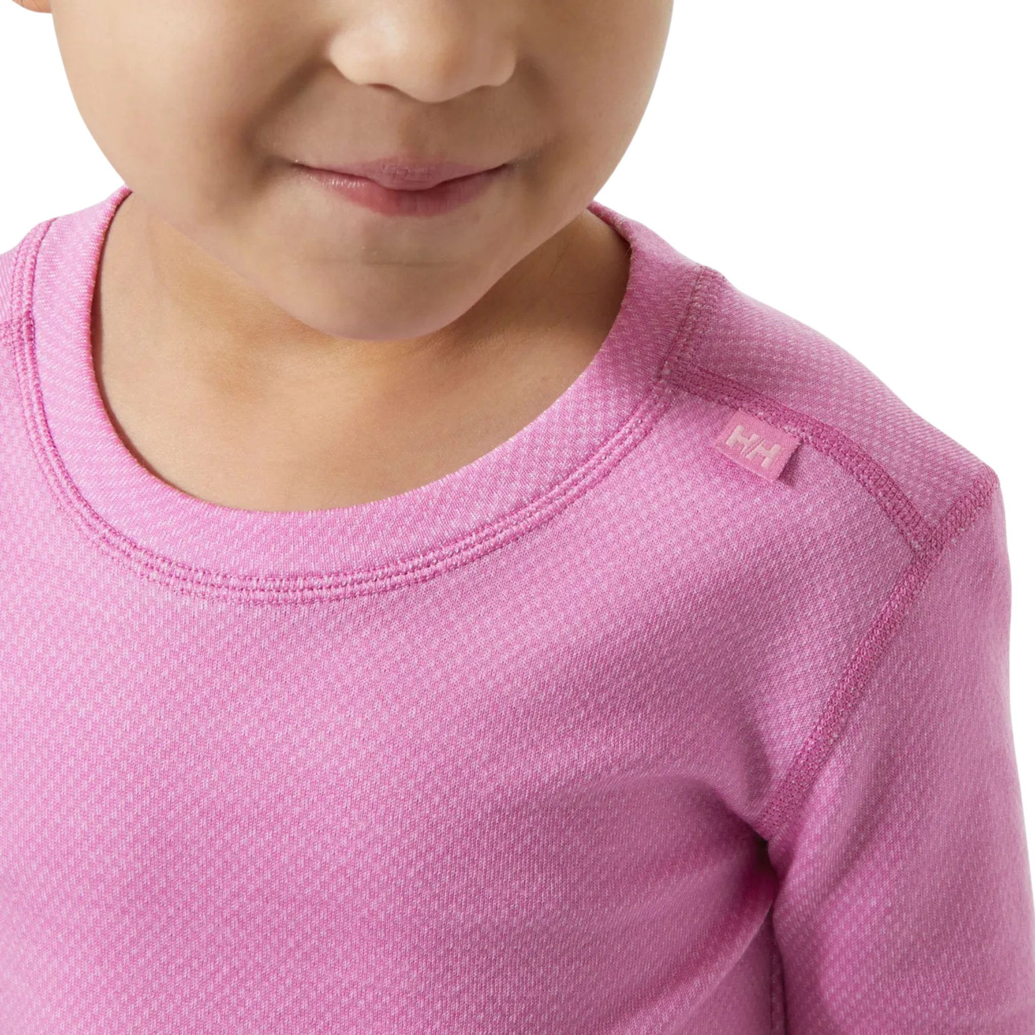 Helly Hansen Kids Lifa Merino base layer crew neck detail in Meta Pink with soft warm construction for comfortable winter layering