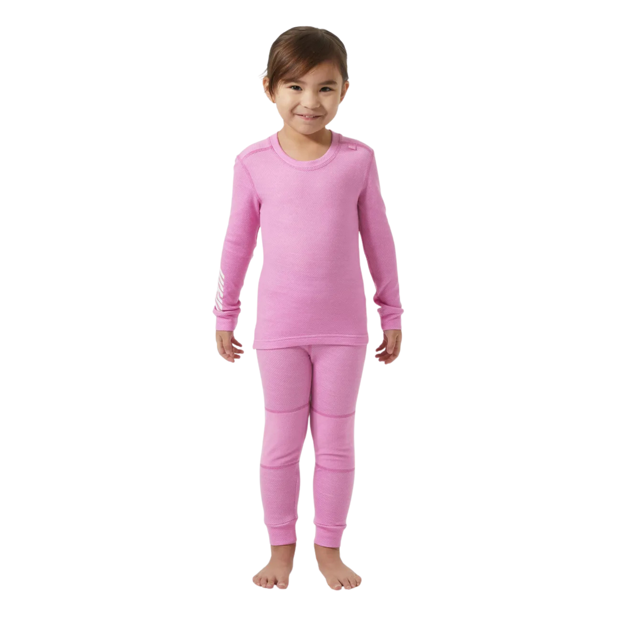 Front view of Helly Hansen Kids Lifa Merino thermal top and bottom set in Meta Pink with ZQ wool, LIFA technology and solution-dyed main fabric