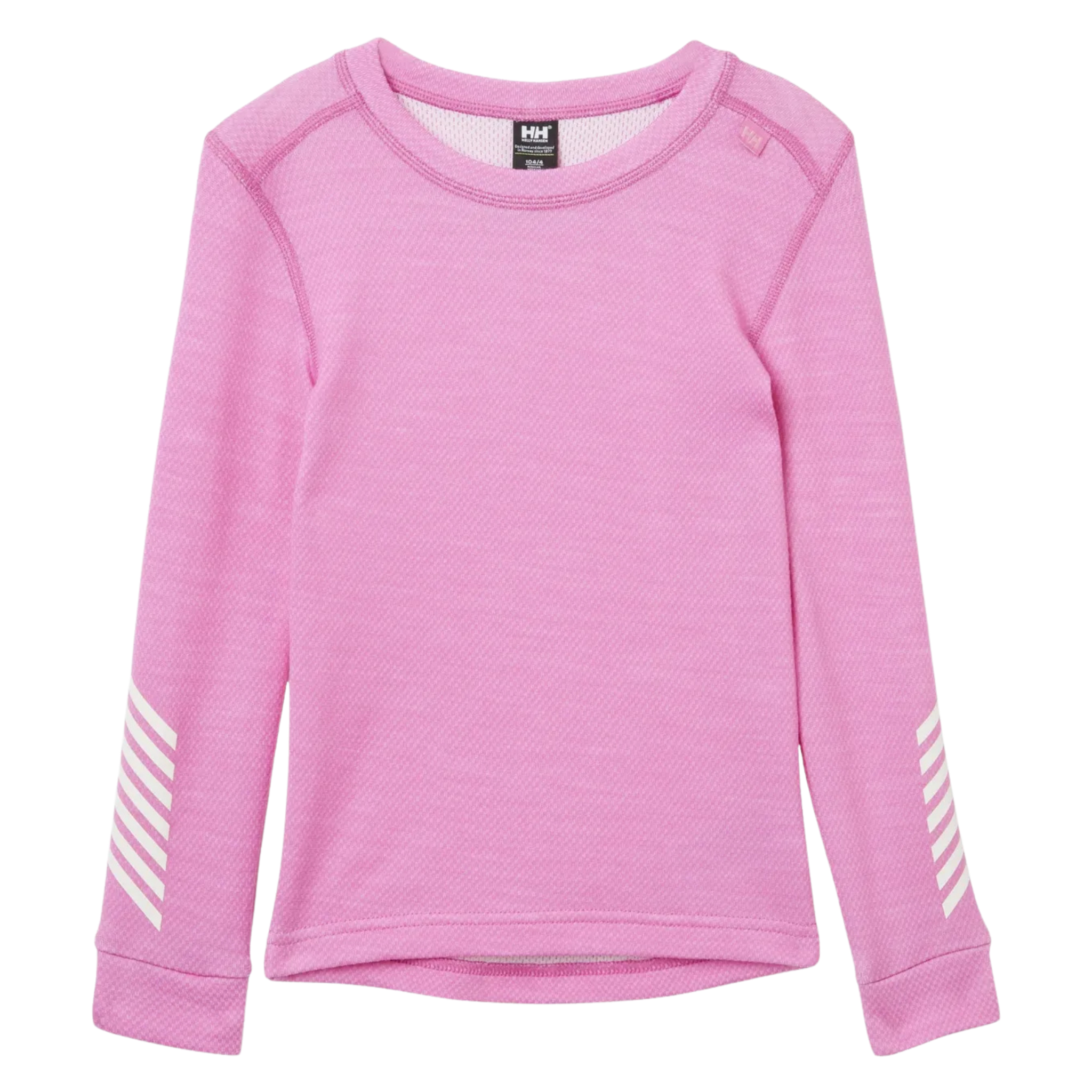 Front view of Helly Hansen Kids Lifa Merino base layer top in Meta Pink with crew neck, flatlock seams and warm Merino wool blend construction