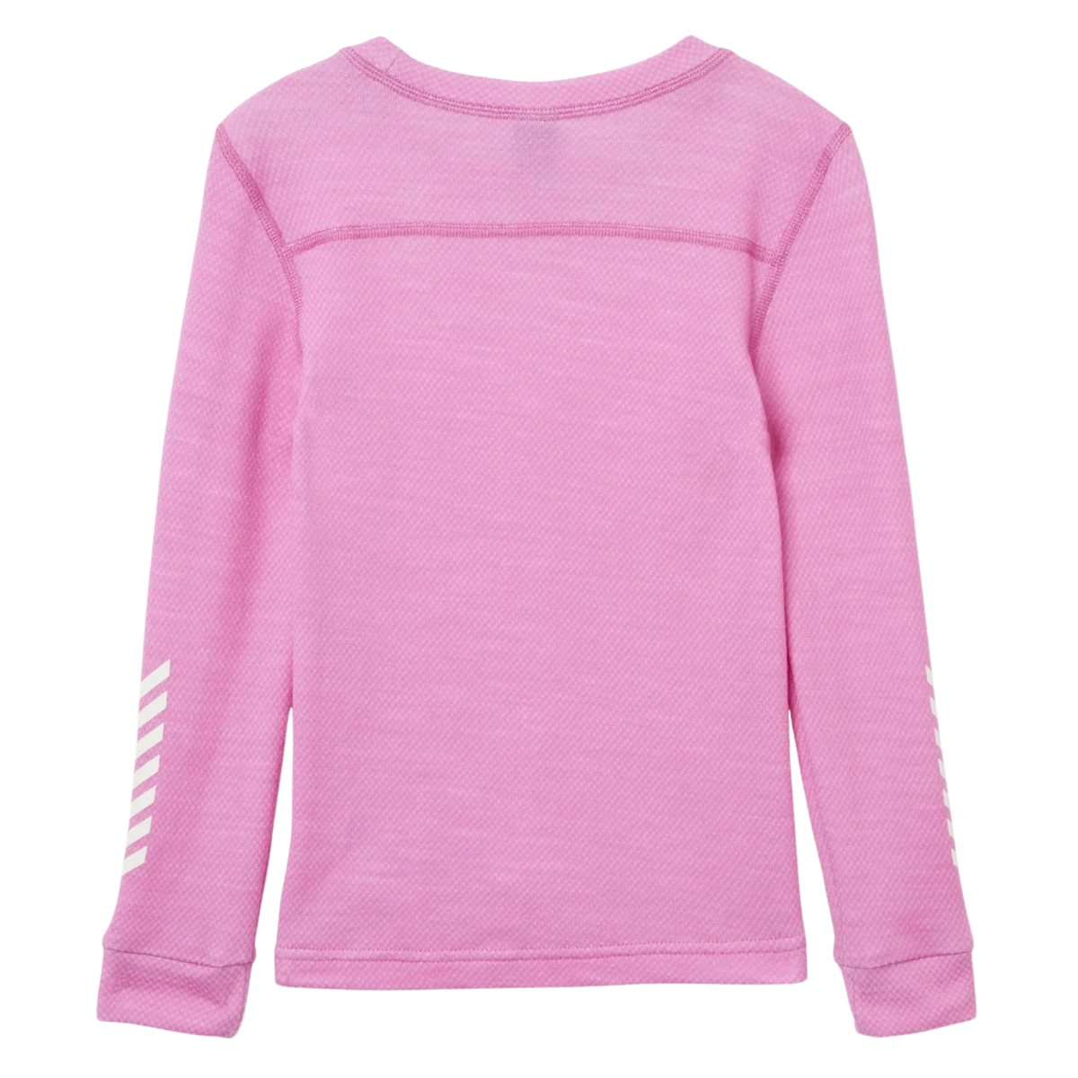 Rear view of Helly Hansen Kids Lifa Merino base layer top in Meta Pink with tail-drop design for added coverage under winter outerwear