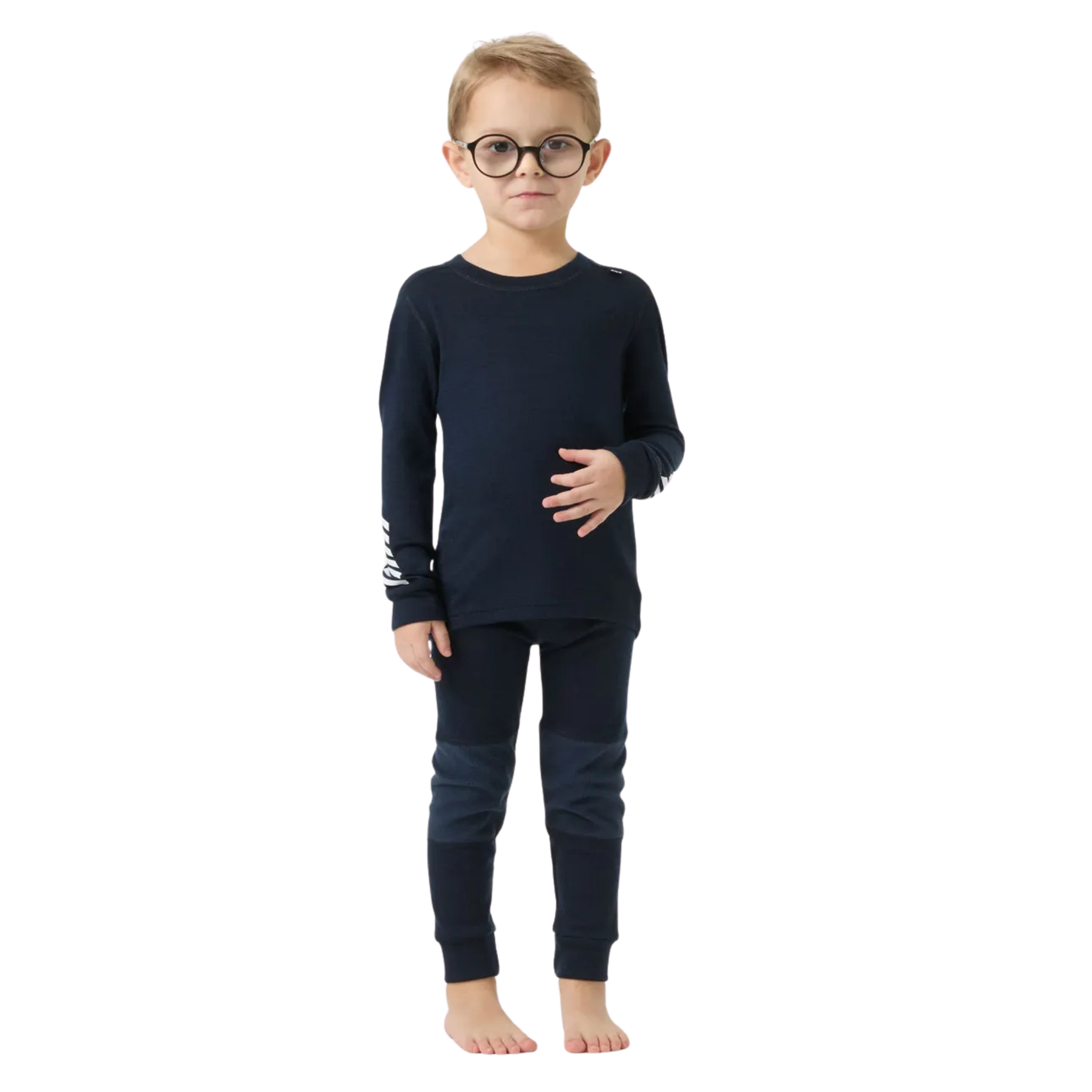 Front view of Helly Hansen Kids Lifa Merino thermal top and bottom set in Navy with ZQ wool, LIFA technology and solution-dyed main fabric