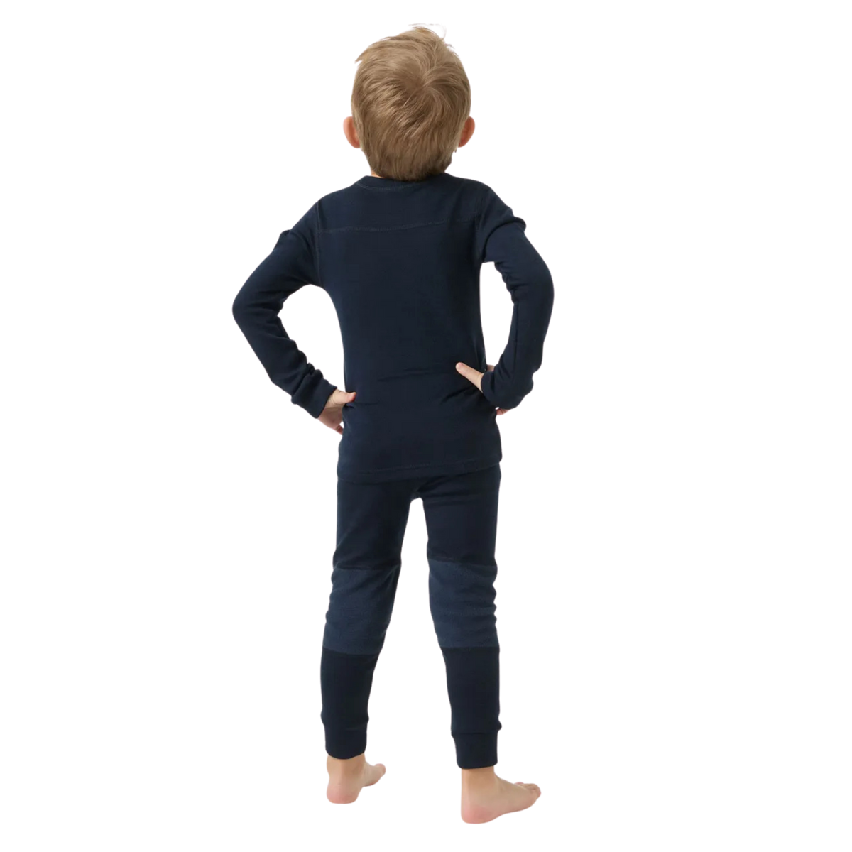 Rear view of Helly Hansen Kids Lifa Merino thermal top and bottom set in Navy with ZQ wool, LIFA technology and solution-dyed main fabric