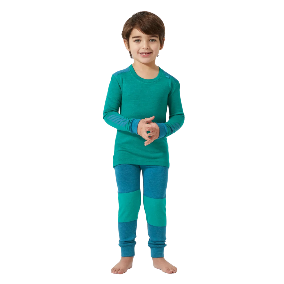 Front view of Helly Hansen Kids Lifa Merino thermal top and bottom set in Signal Green with ZQ wool, LIFA technology and solution-dyed main fabric