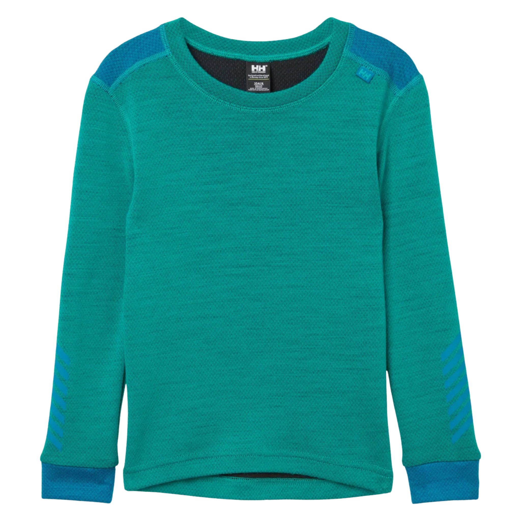 Front view of Helly Hansen Kids Lifa Merino base layer top in Signal Green with crew neck, flatlock seams and warm Merino wool blend construction