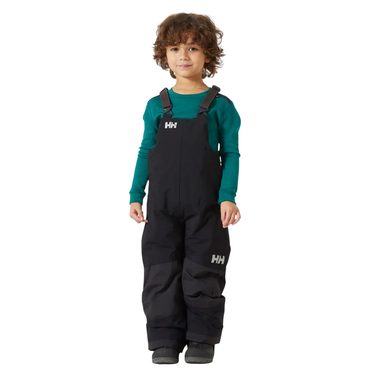 Front view of Helly Hansen Kids Rider 2.0 Insulated Bib Pants in Navy with waterproof HELLY TECH Performance and adjustable suspenders