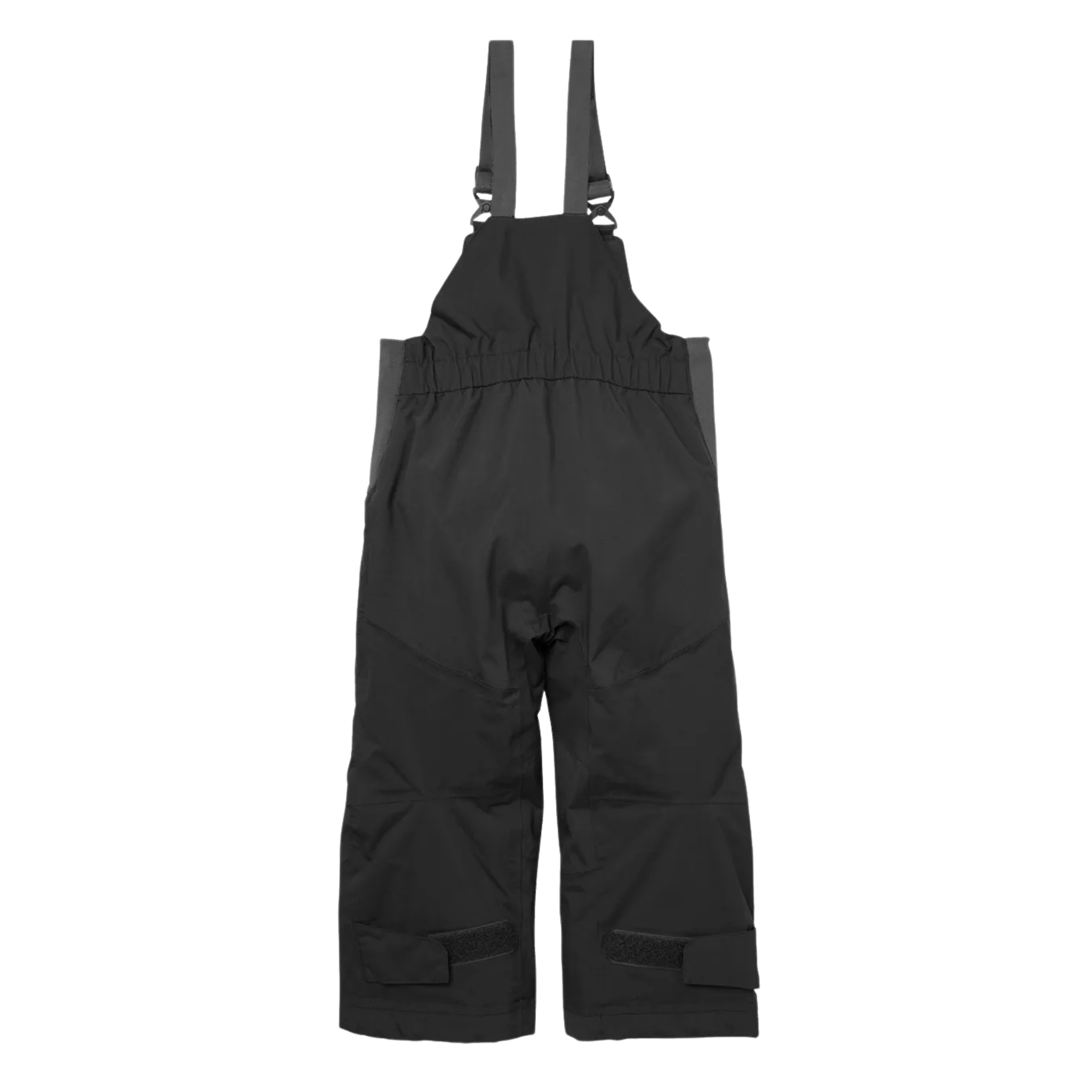 Rear view of Helly Hansen Kids Rider 2.0 Insulated Bib Pants in Black with reinforced no-back-seam seat for added waterproofness and durability