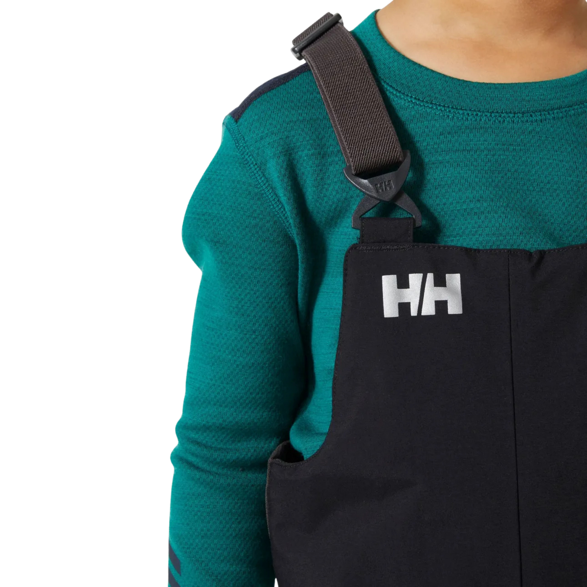 Helly Hansen Kids Rider 2.0 Insulated Bib Pants in Black with adjustable elastic suspenders for a secure customizable fit