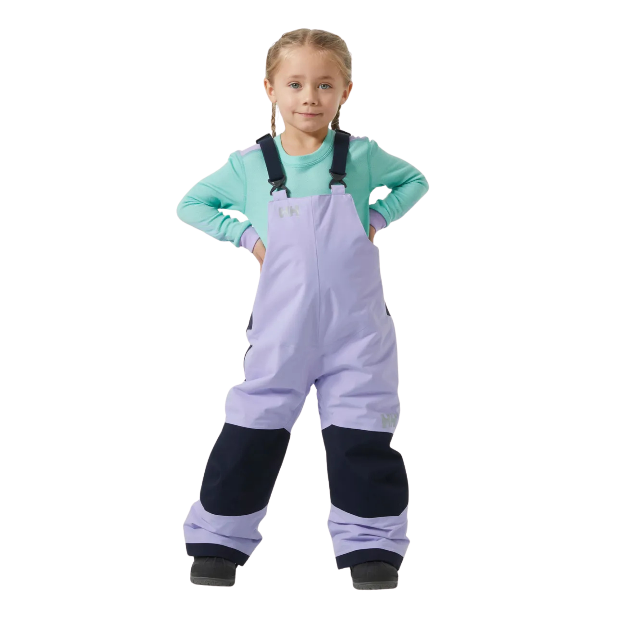 Front view of Helly Hansen Kids Rider 2.0 Insulated Bib Pants in Bright Lavender with waterproof HELLY TECH Performance and adjustable suspenders