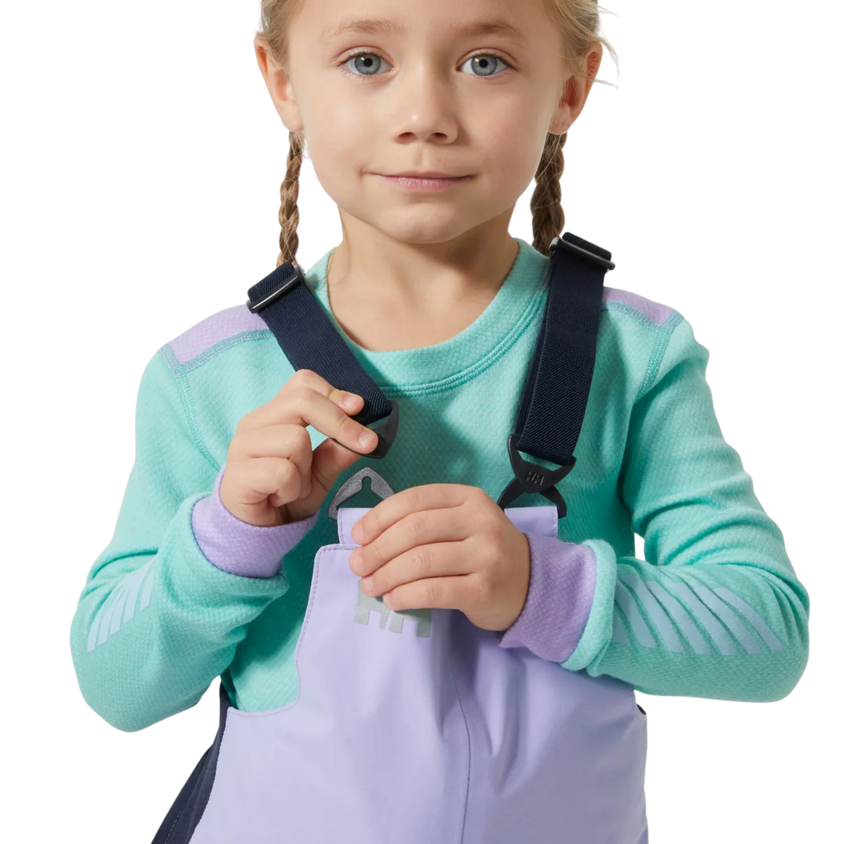 Helly Hansen Kids Rider 2.0 Insulated Bib Pants in Bright Lavender with adjustable elastic suspenders for a secure customizable fit