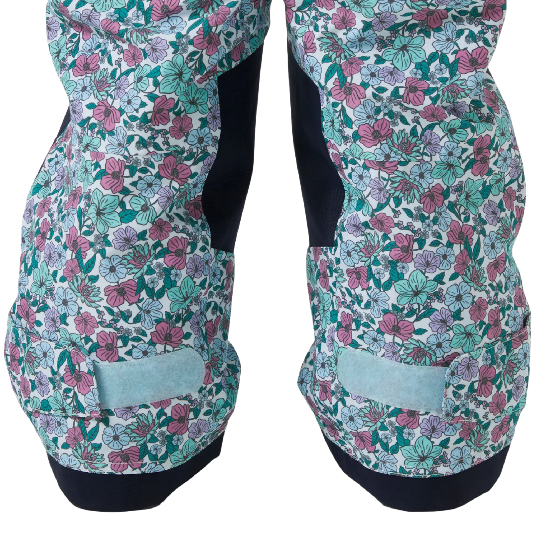 Helly Hansen Kids Rider 2.0 Insulated Bib Pants in Floral design with snow boot gaiter and underfoot rubber strap for a secure fit around winter boots