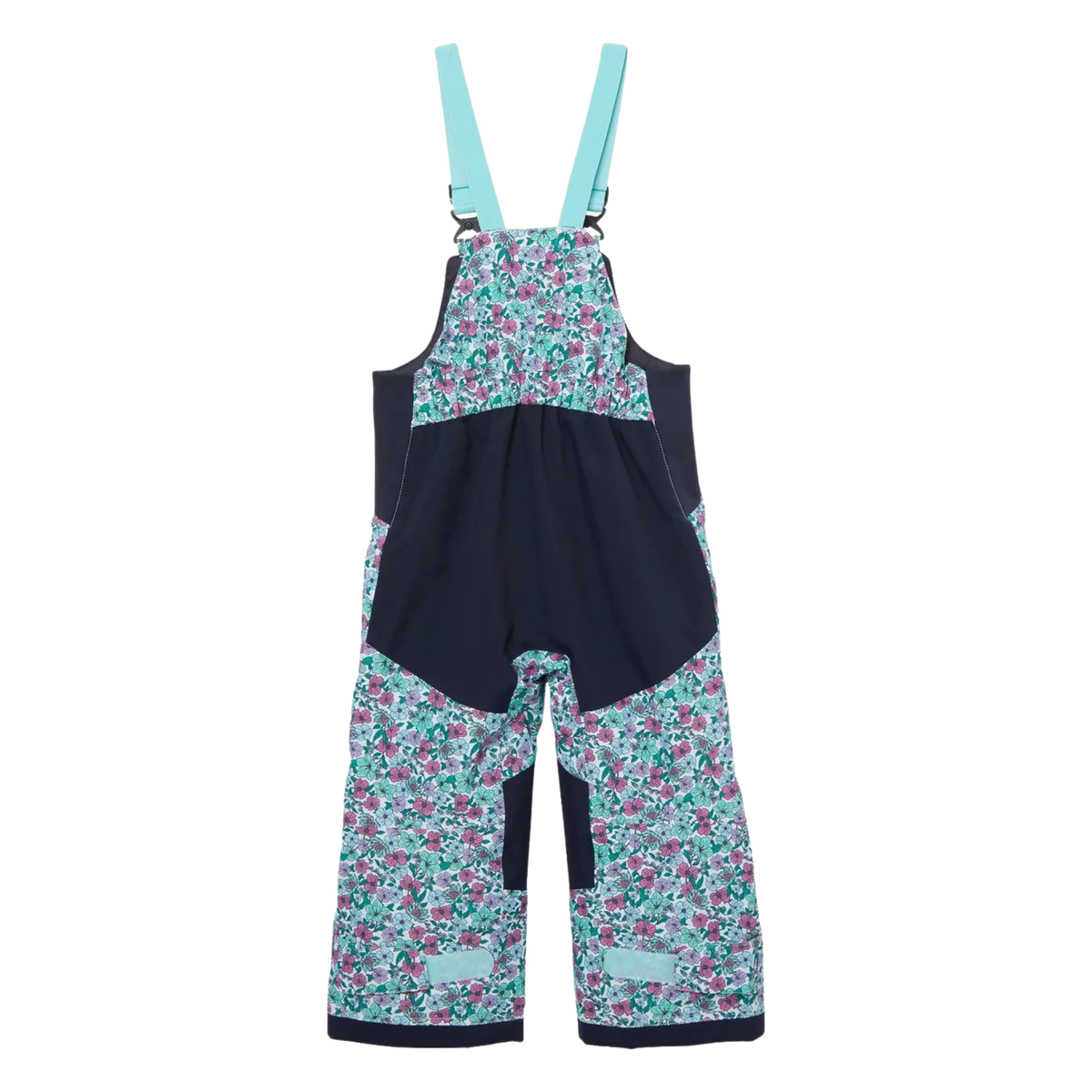 Rear view of Helly Hansen Kids Rider 2.0 Insulated Bib Pants in Floral design with reinforced no-back-seam seat for added waterproofness and durability