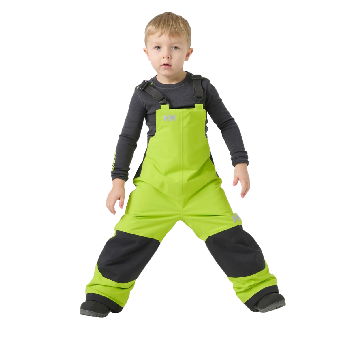 Front view of Helly Hansen Kids Rider 2.0 Insulated Bib Pants in Luminous Green with waterproof HELLY TECH Performance and adjustable suspenders