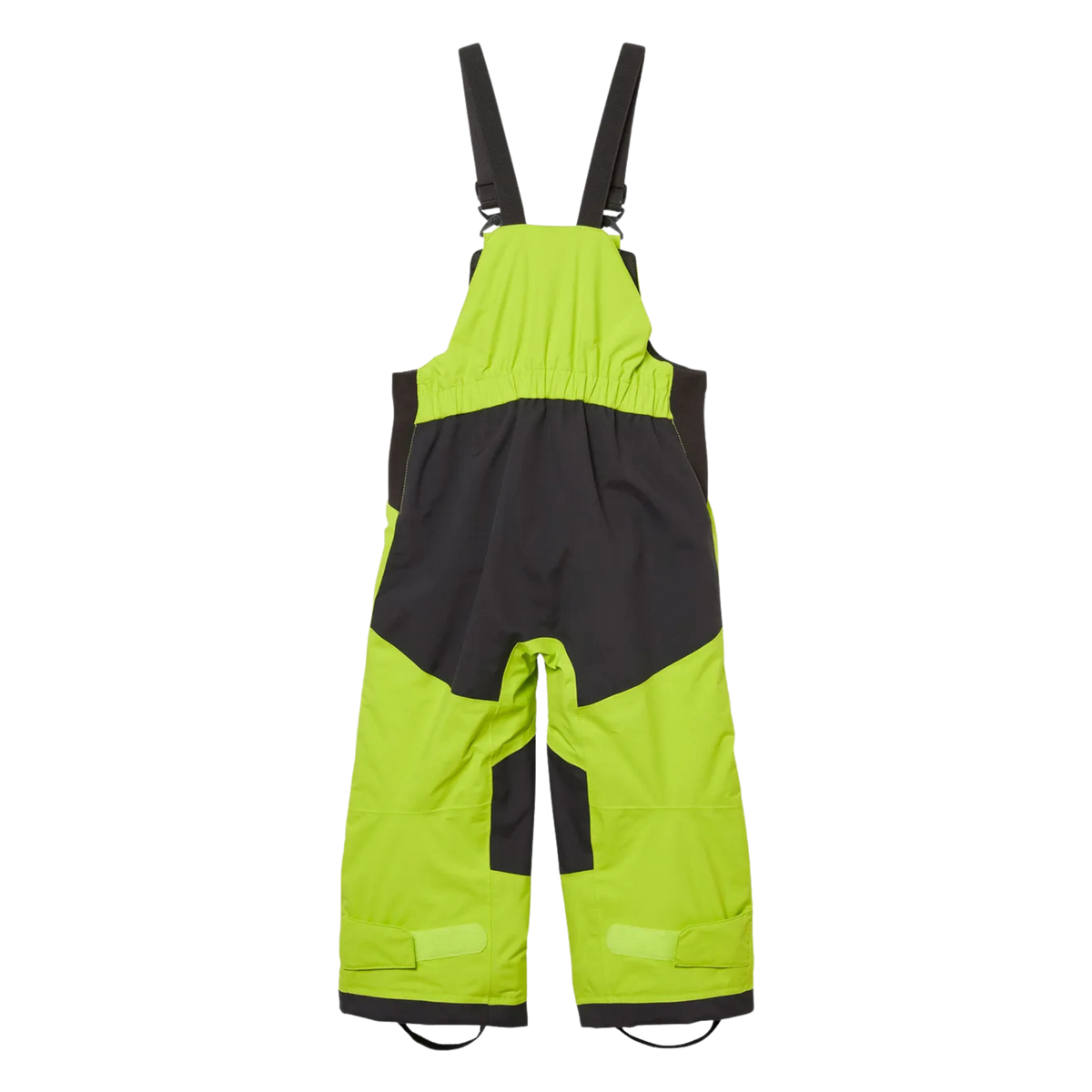 Rear view of Helly Hansen Kids Rider 2.0 Insulated Bib Pants in Luminous Green with reinforced no-back-seam seat for added waterproofness and durability