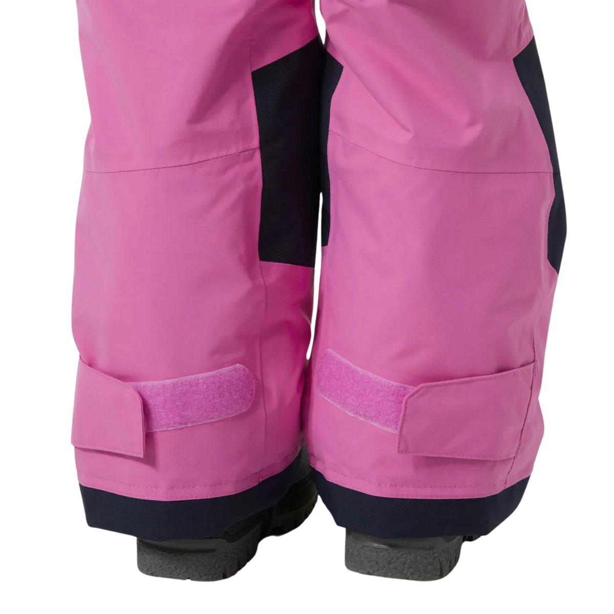 Helly Hansen Kids Rider 2.0 Insulated Bib Pants in Meta Pink with snow boot gaiter and underfoot rubber strap for a secure fit around winter boots