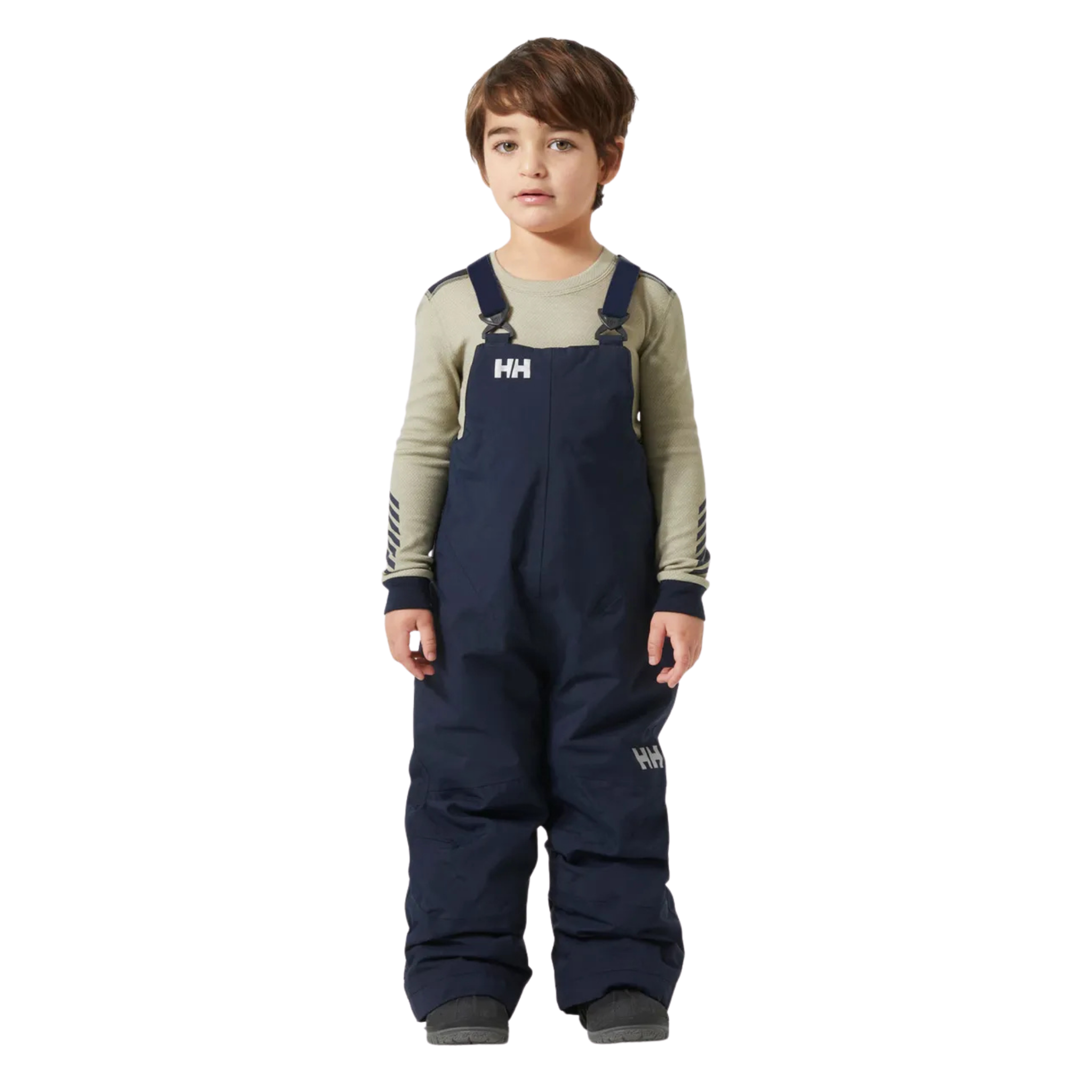 Front view of Helly Hansen Kids Rider 2.0 Insulated Bib Pants in Navy with waterproof HELLY TECH Performance and adjustable suspenders