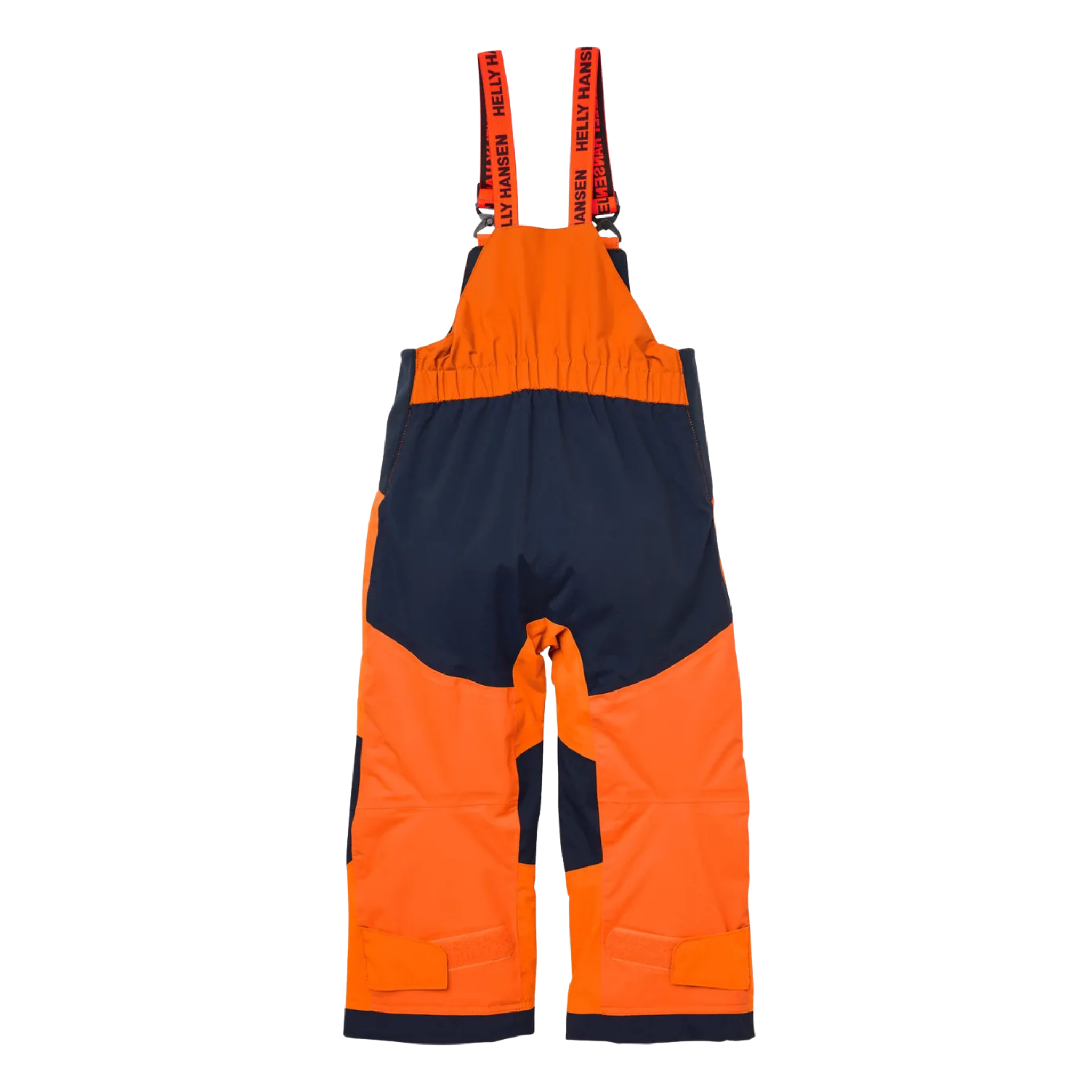 Rear view of Helly Hansen Kids Rider 2.0 Insulated Bib Pants in Neon Orange with reinforced no-back-seam seat for added waterproofness and durability