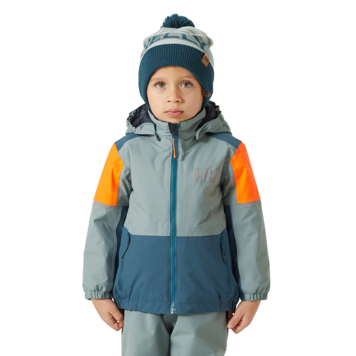 Front view of Helly Hansen Kids Rider 2.0 Insulated Winter Jacket in Cactus color with waterproof HELLY TECH Performance and 133g PrimaLoft insulation