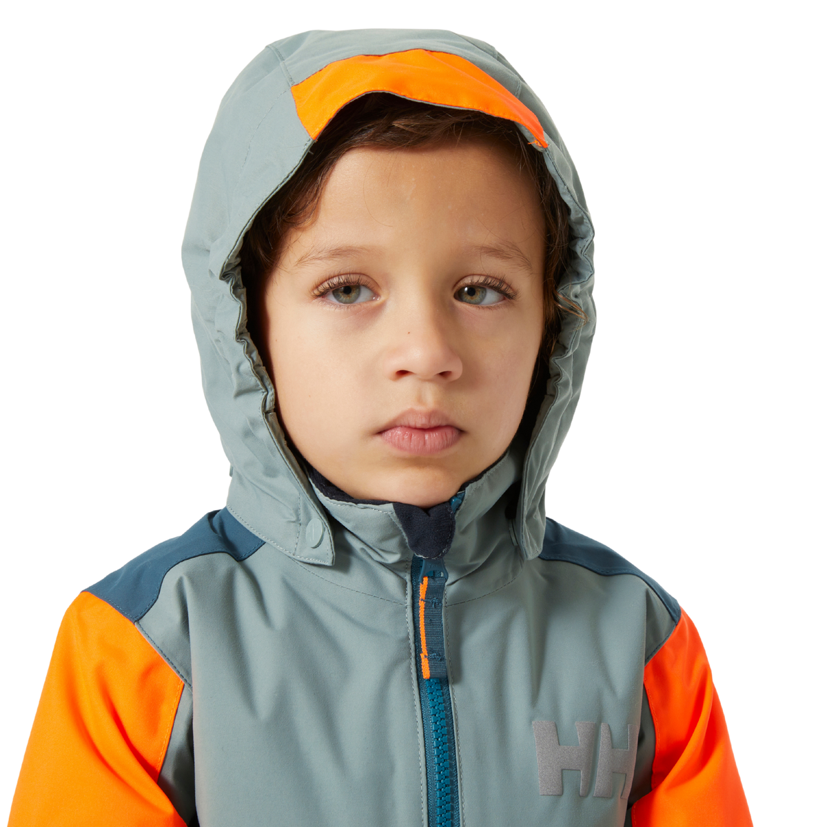 Helly Hansen Kids Rider 2.0 Insulated Winter Jacket in Cactus color with detachable adjustable hood, neon brim and reflective details