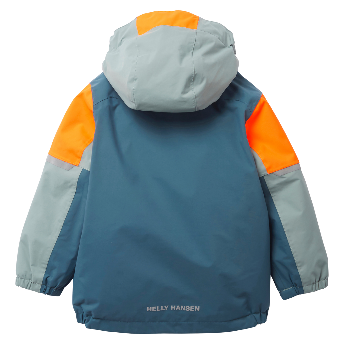 Rear view of Helly Hansen Kids Rider 2.0 Insulated Winter Jacket in Cactus color with fully seam-sealed 2-layer construction and reflective details