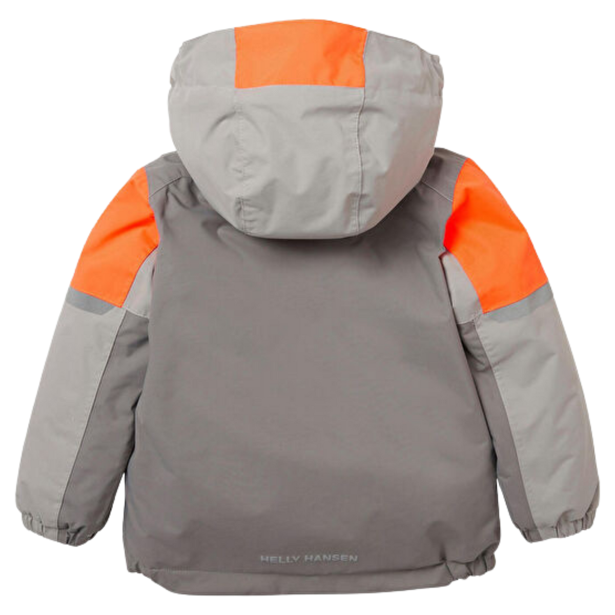 Rear view of Helly Hansen Kids Rider 2.0 Insulated Winter Jacket in Concrete color with fully seam-sealed 2-layer construction and reflective details