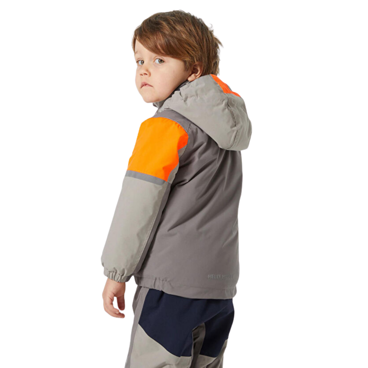 Side view of Helly Hansen Kids Rider 2.0 Insulated Winter Jacket with articulated sleeves, elastic cuffs and insulated construction