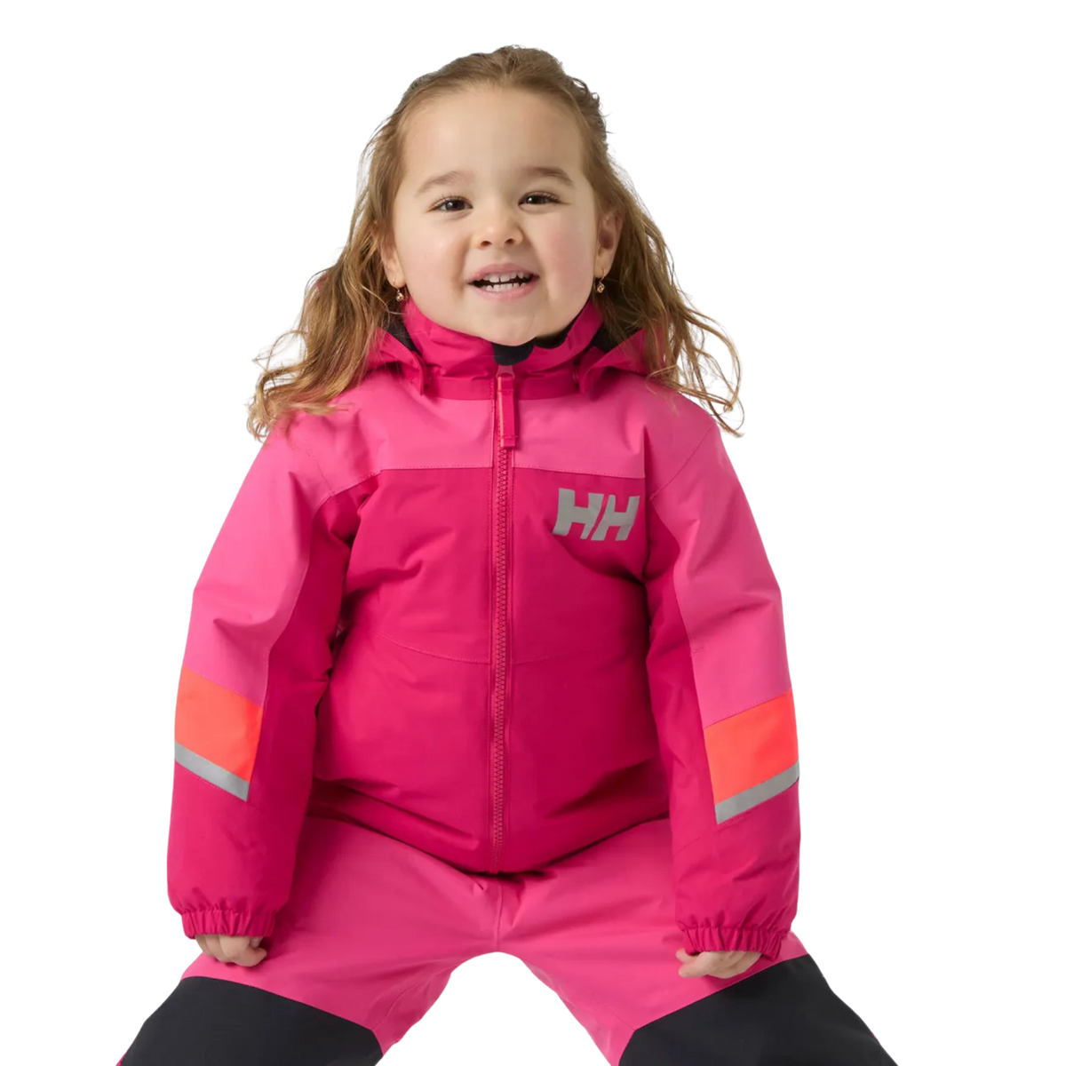 Front view of Helly Hansen Kids Rider 2.0 Insulated Winter Jacket in Cranberry color with waterproof HELLY TECH Performance and 133g PrimaLoft insulation