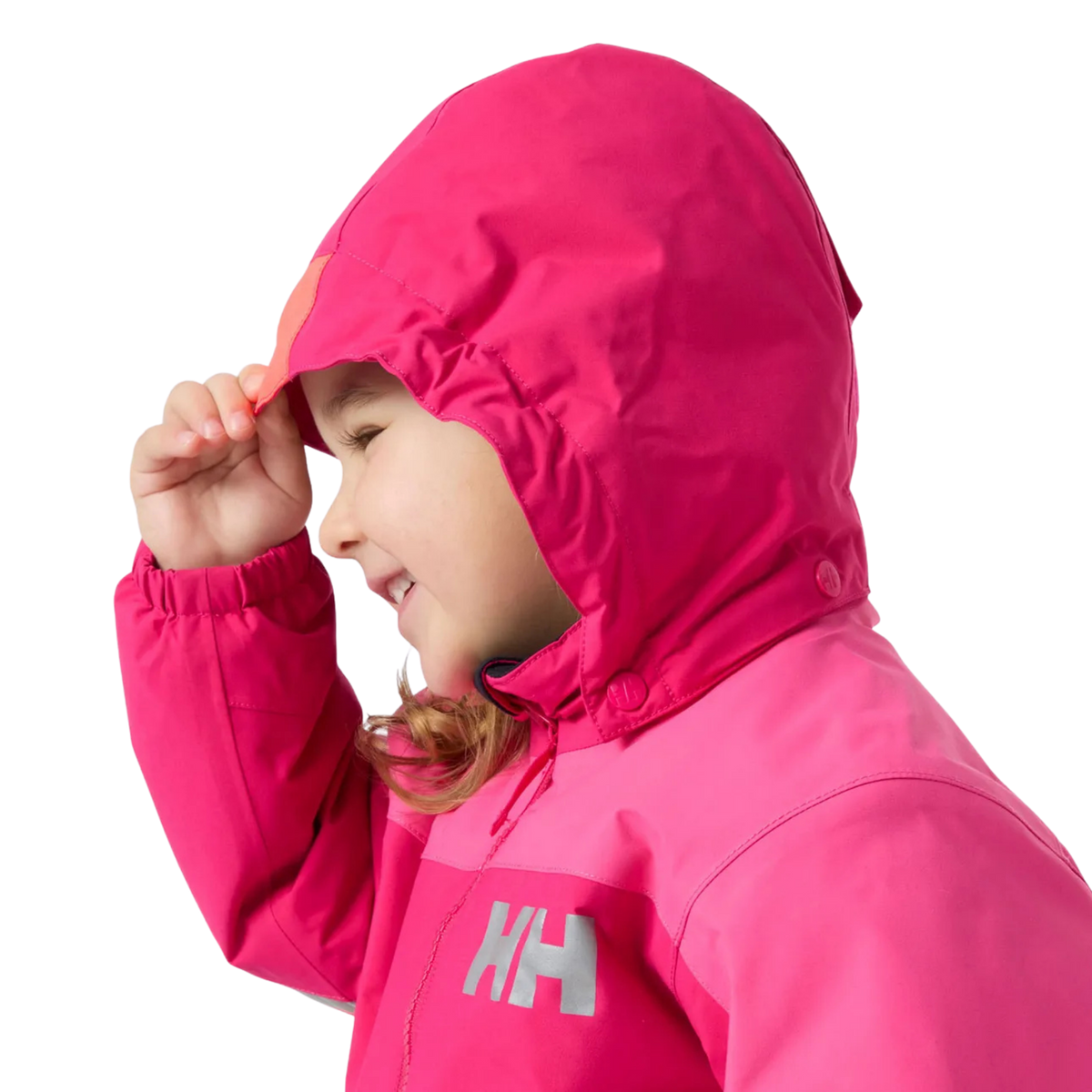 Helly Hansen Kids Rider 2.0 Insulated Winter Jacket in Cranberry color with detachable adjustable hood, neon brim and reflective details