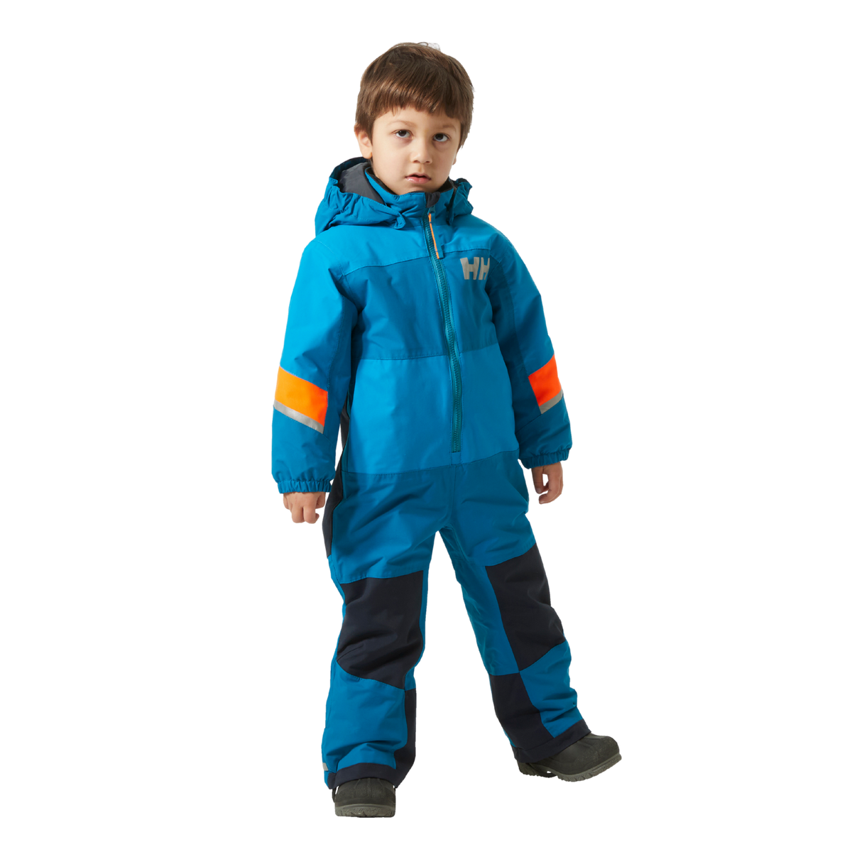 Front view of Helly Hansen Kids Rider 3.0 Snowsuit in Cerulean Blue with waterproof 2-layer HELLY TECH Performance and 133g PrimaLoft insulation