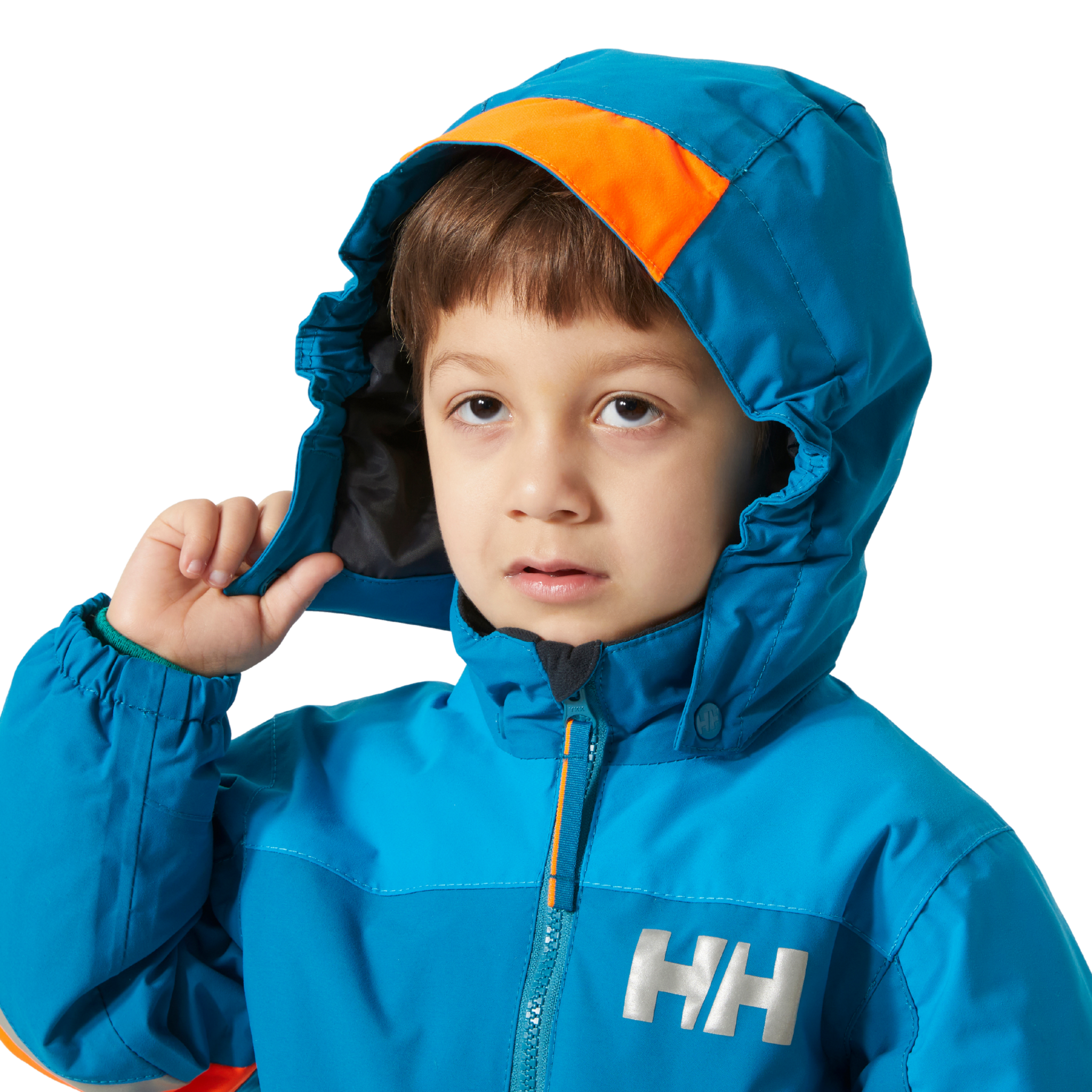 Helly Hansen Kids Rider 3.0 Snowsuit in Cerulean Blue with adjustable detachable hood and neon brim for added visibility in winter conditions