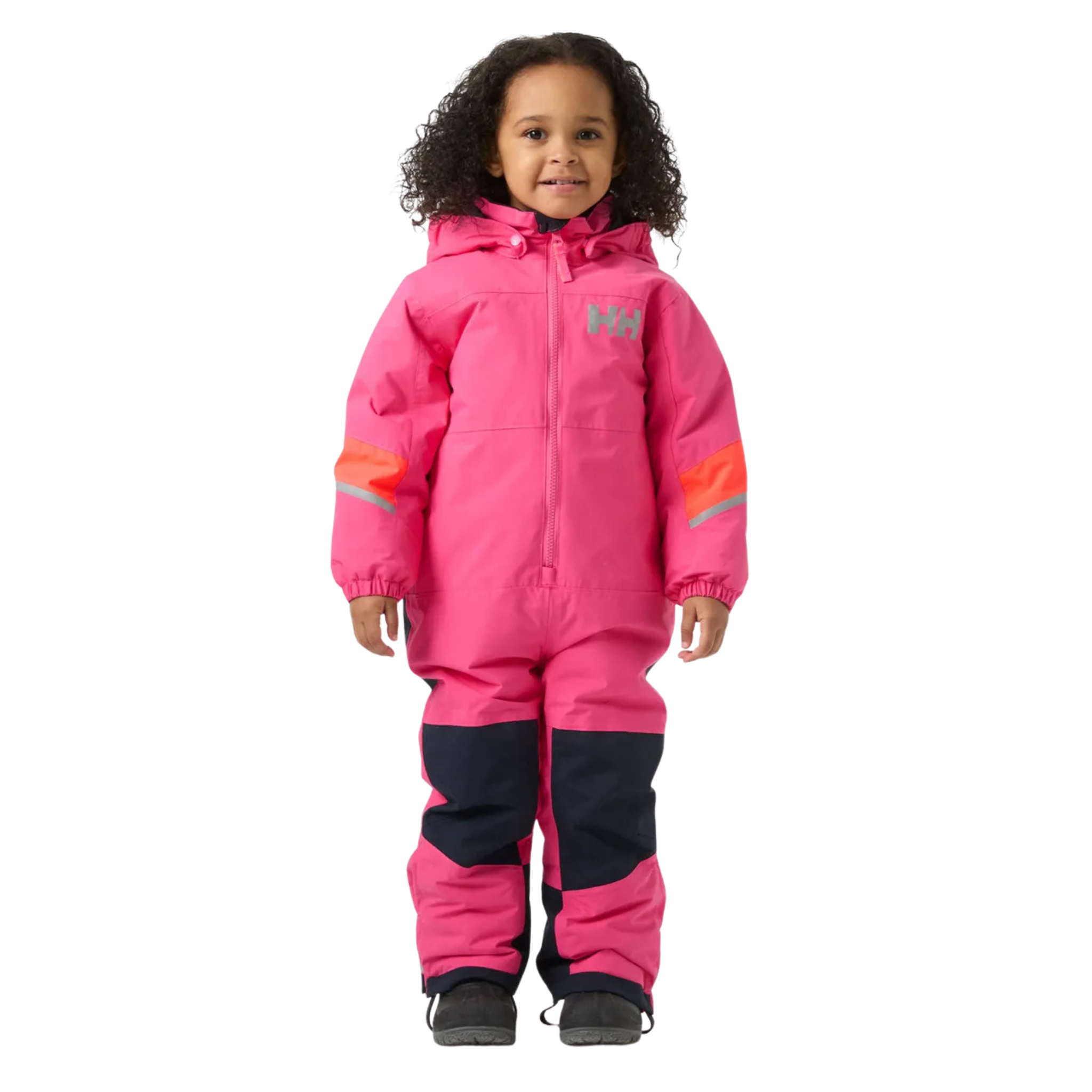 Front view of Helly Hansen Kids Rider 3.0 Snowsuit in Hot Pink with waterproof 2-layer HELLY TECH Performance and 133g PrimaLoft insulation