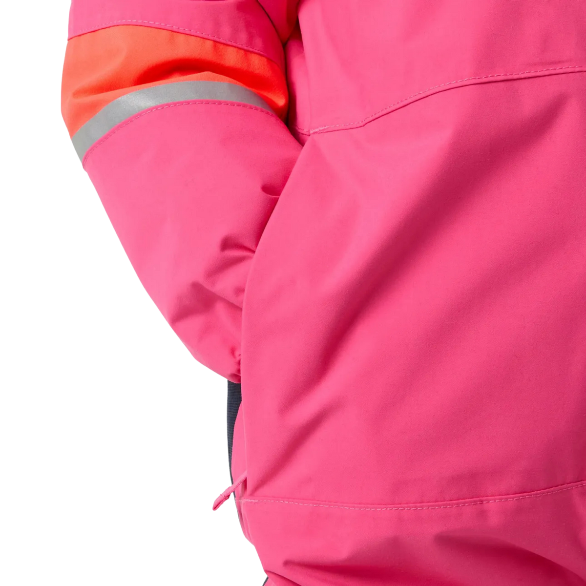 Helly Hansen Kids Rider 3.0 Snowsuit in Hot Pink with secure zippered hand pocket and soft fleece lining for warmth and comfortable storage