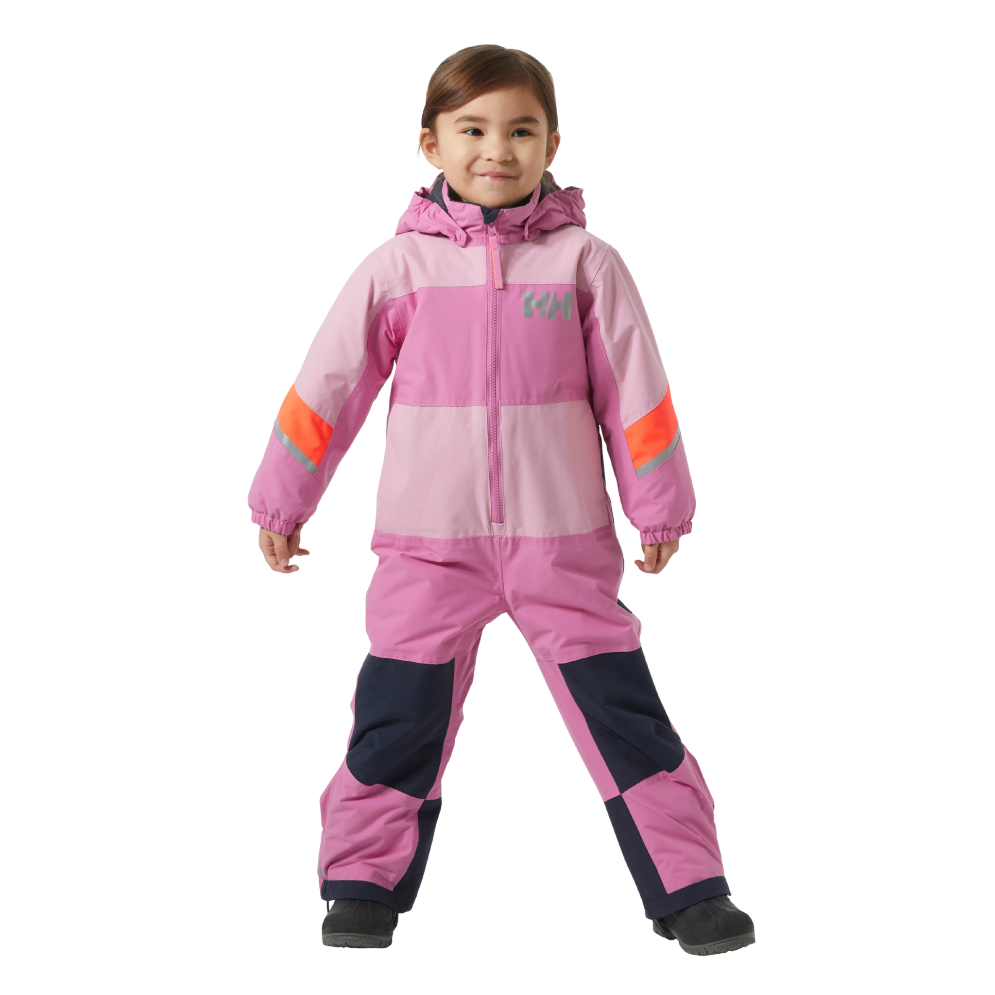 Front view of Helly Hansen Kids Rider 3.0 Snowsuit in Meta Pink with waterproof 2-layer HELLY TECH Performance and 133g PrimaLoft insulation