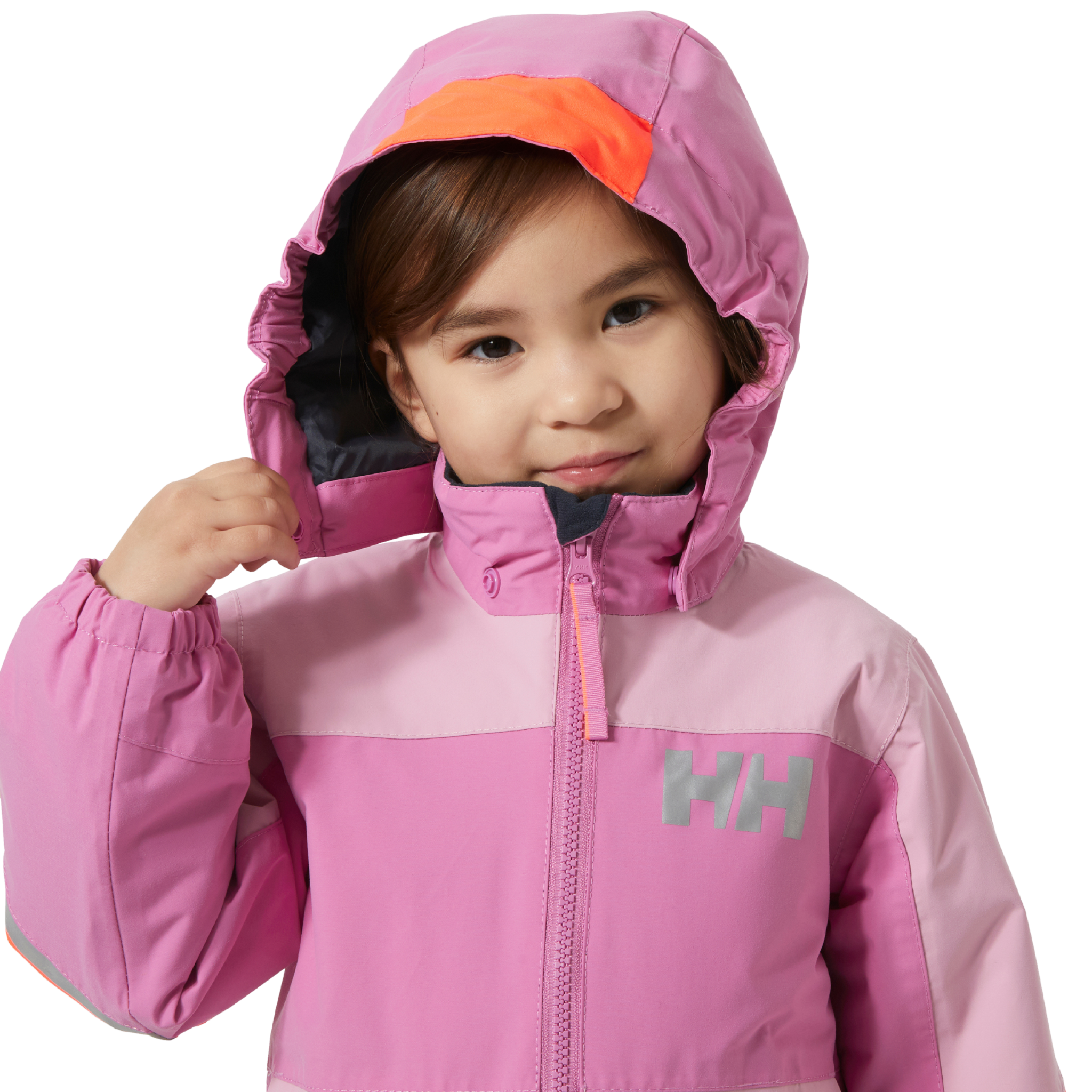 Helly Hansen Kids Rider 3.0 Snowsuit in Meta Pink with adjustable detachable hood and neon brim for added visibility in winter conditions